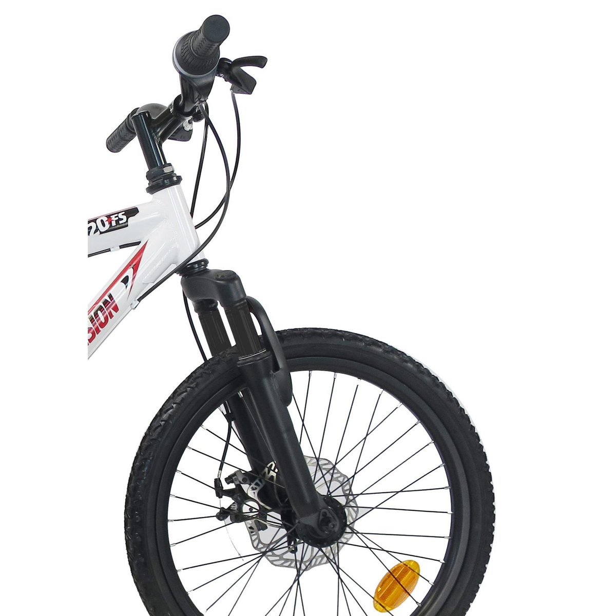 Vélo enfant (120/140 cm) - VTT 20'' Tout Suspendu Mixte - Fourche télescopique - 6 Vitesses  - Dérailleur Shimano TY21 - Freins avant à Disque et V brake arrière - Béquille