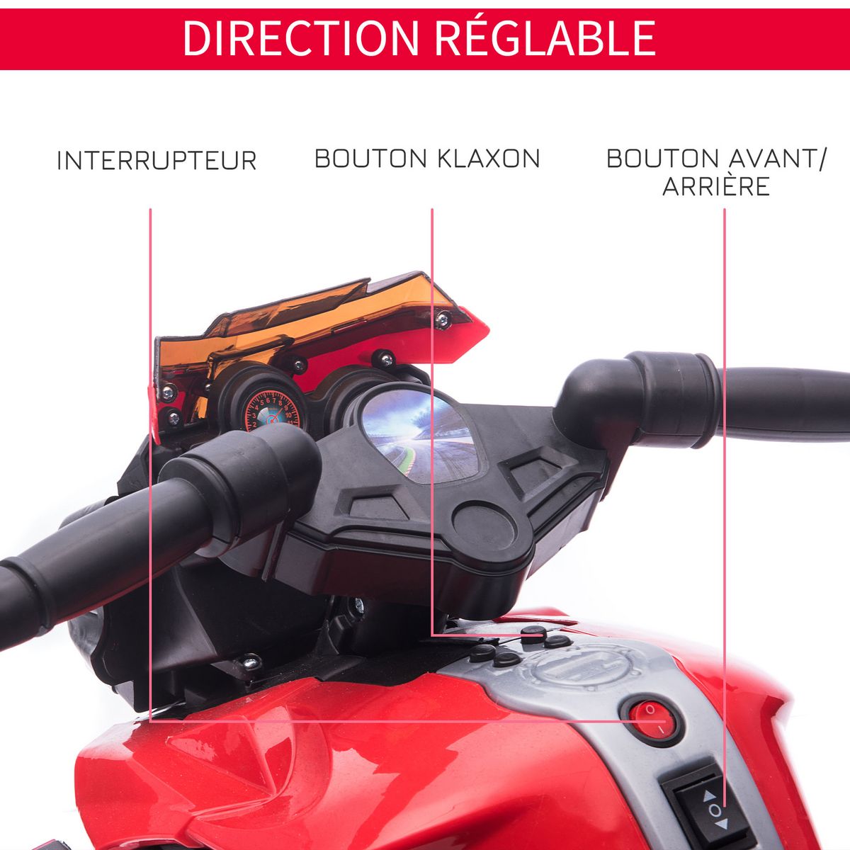 HOMCOM Moto électrique enfant 6 V 3 Km/h effet lumineux et sonore roulettes amovibles repose-pied valises latérales métal PP rouge noir