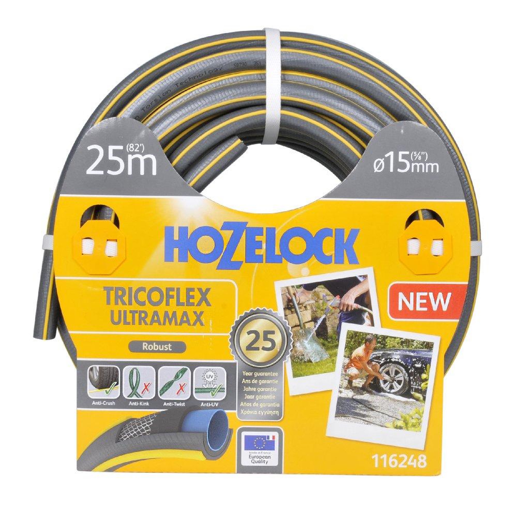 Hozelock Tuyau d'arrosage anti écrasement - gris bandes 3D jaunes (48 uc/pal) - 15mm - 20m