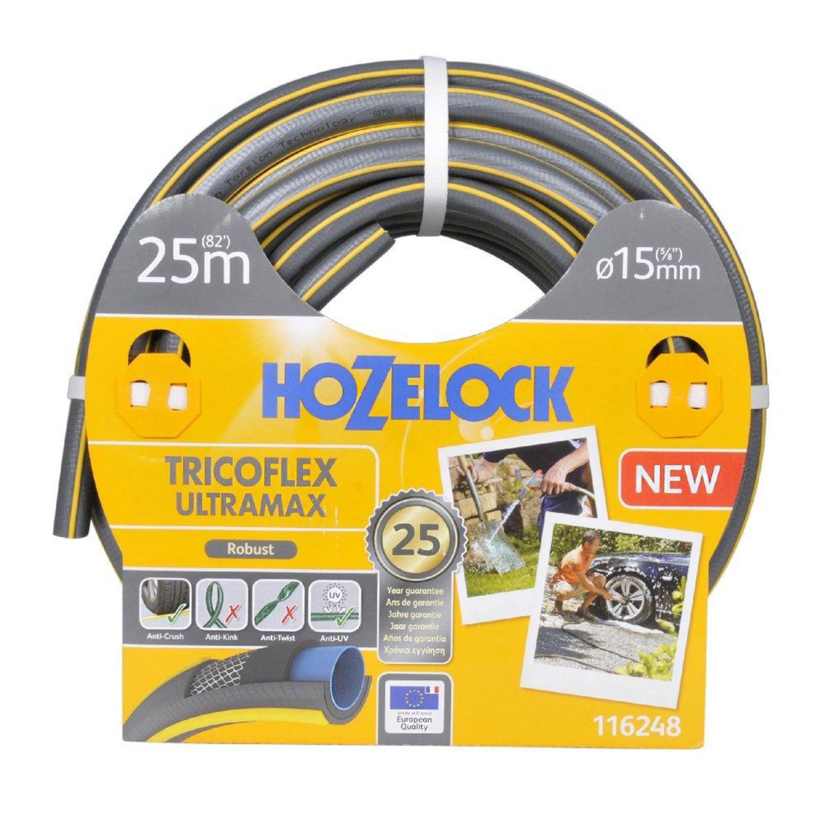 Hozelock Tuyau d'arrosage anti écrasement - gris bandes 3D jaunes (48 uc/pal) - 15mm - 20m