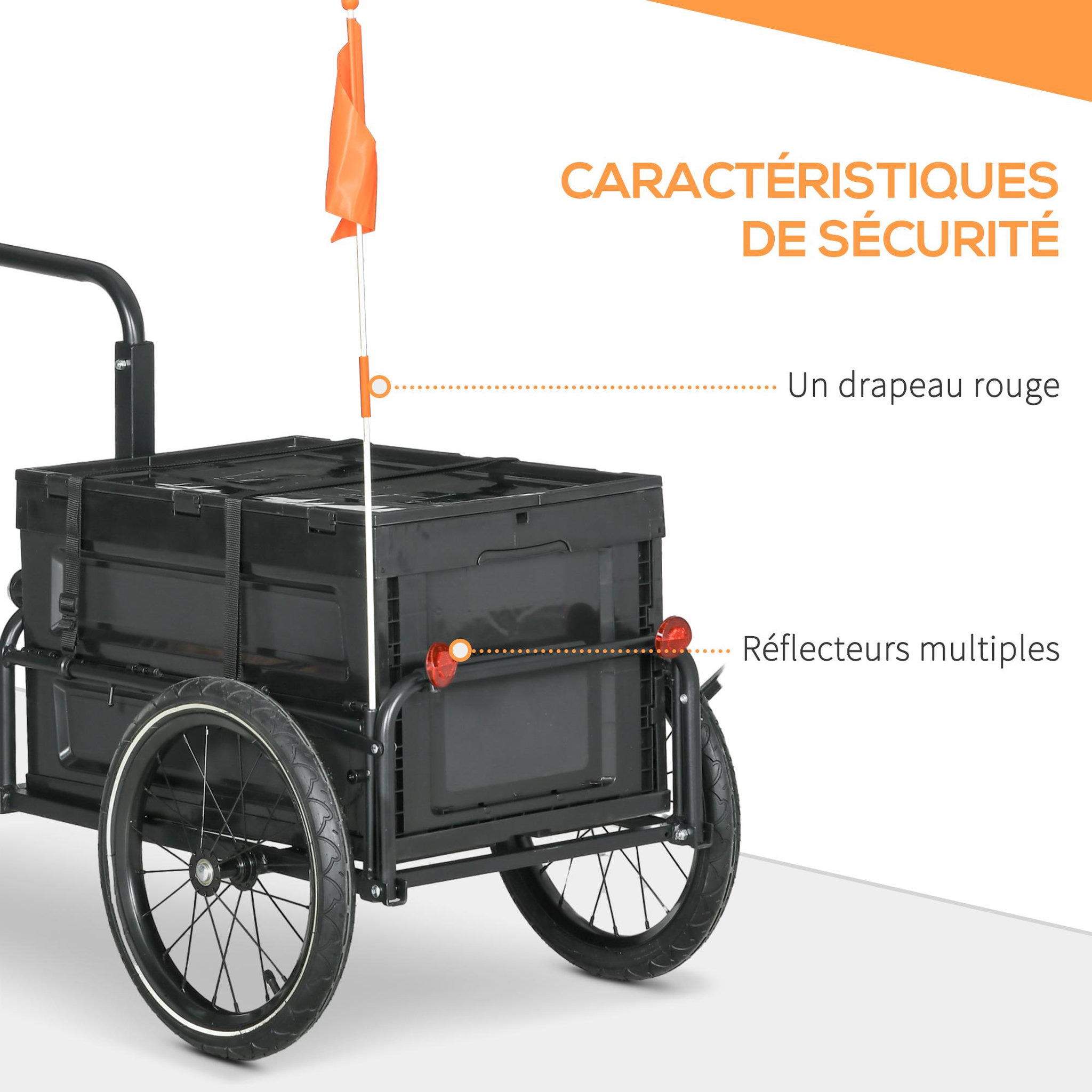 Voir la diapositive 6 : HOMCOM Remorque vélo cargo - coffre pliable amovible 65l - réflecteurs, drapeau - pneus 16'' acier pp noir