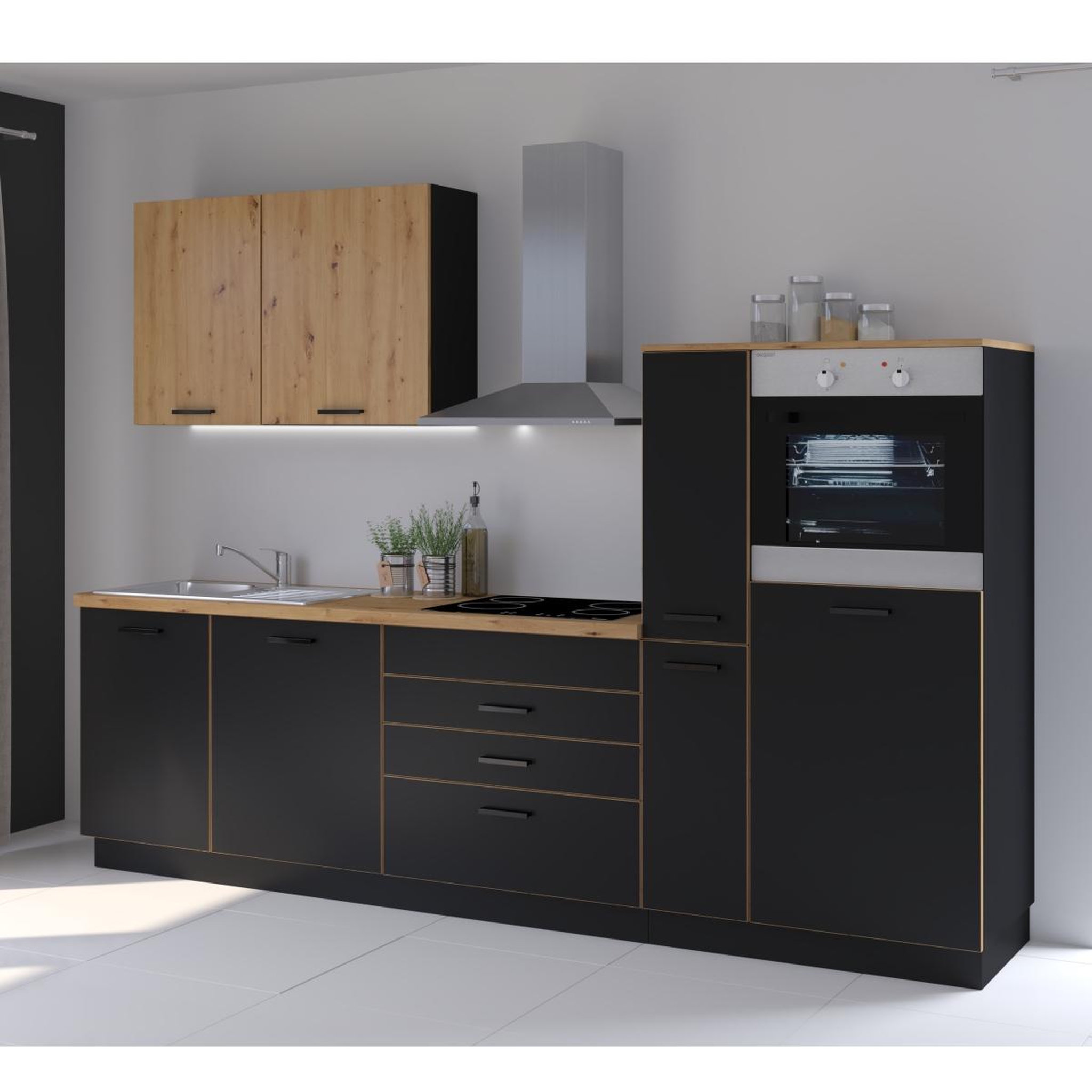 Voir la diapositive 2 : JLC KREATION Cuisine complète noir et bois 280cm LOFT