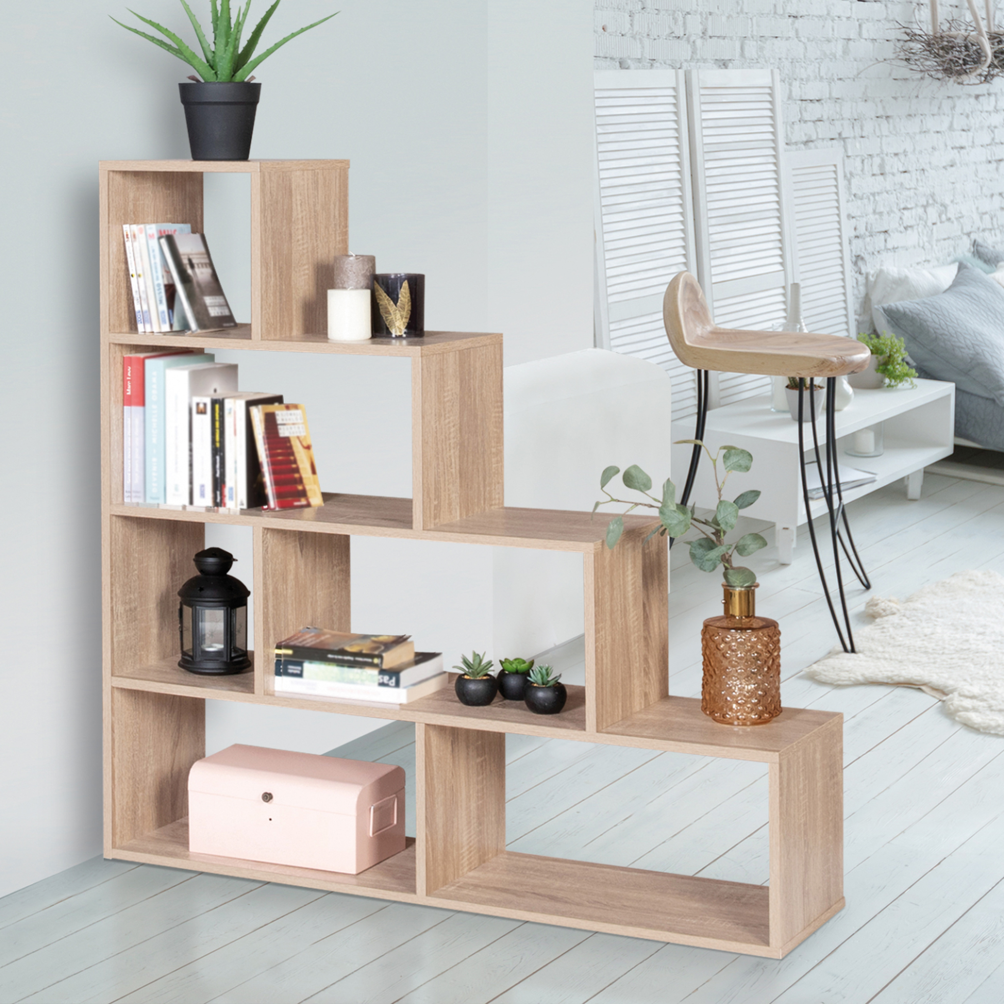 Voir la diapositive 2 : ID MARKET Bibliothèque escalier lina bois façon hêtre