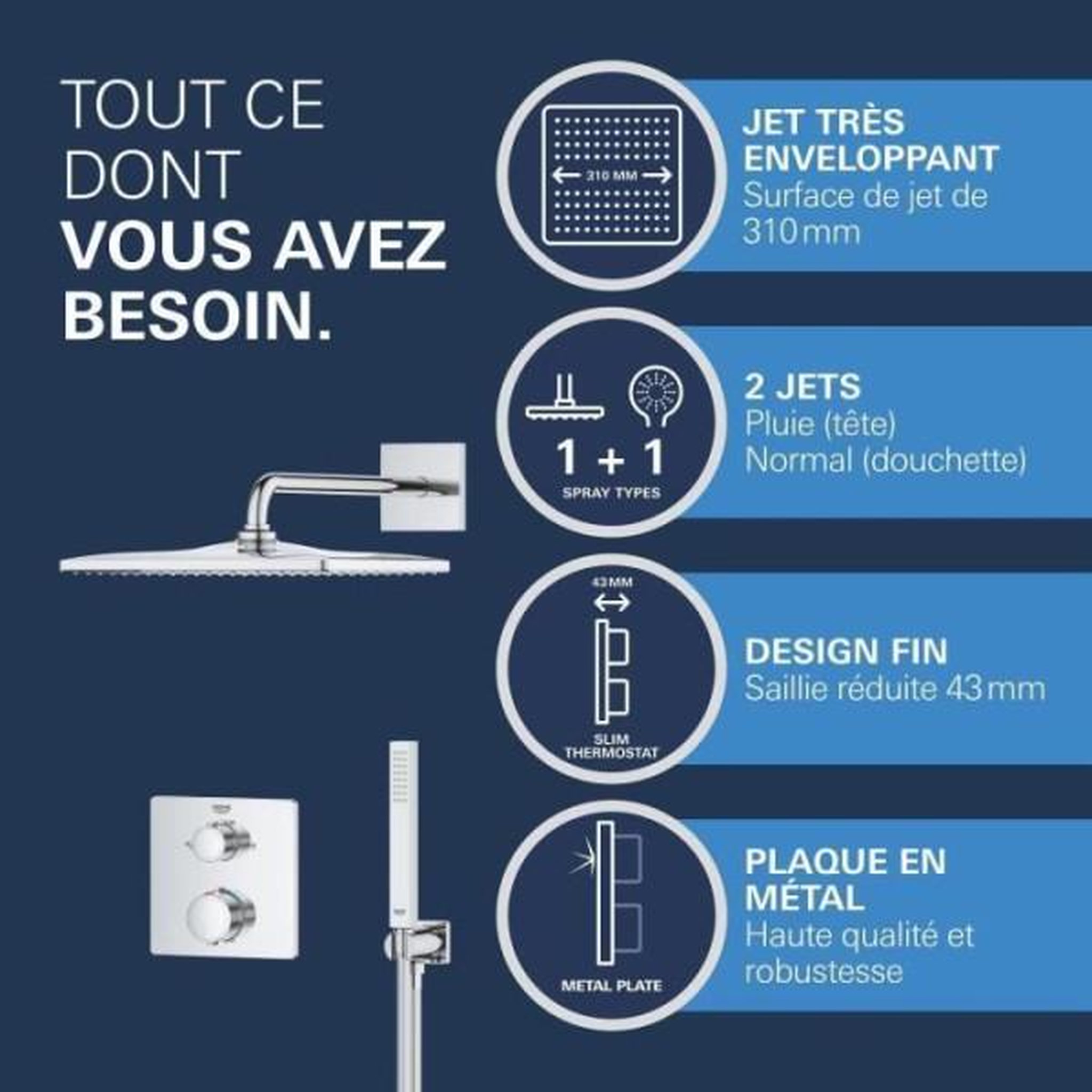 Voir la diapositive 5 : Grohe Ensemble de douche encastré - 1 jet - mitigeur thermostatique - grohe - 34881000 - gris