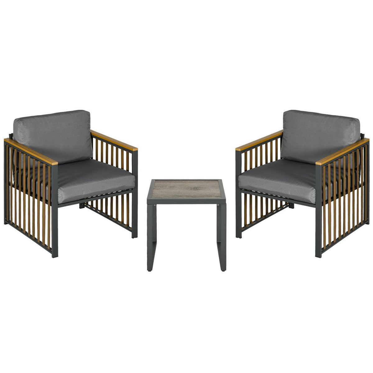OUTSUNNY Ensemble salon de jardin 3 pièces style colonial 2 fauteuils coussins gris table basse métal noir résine filaire marron