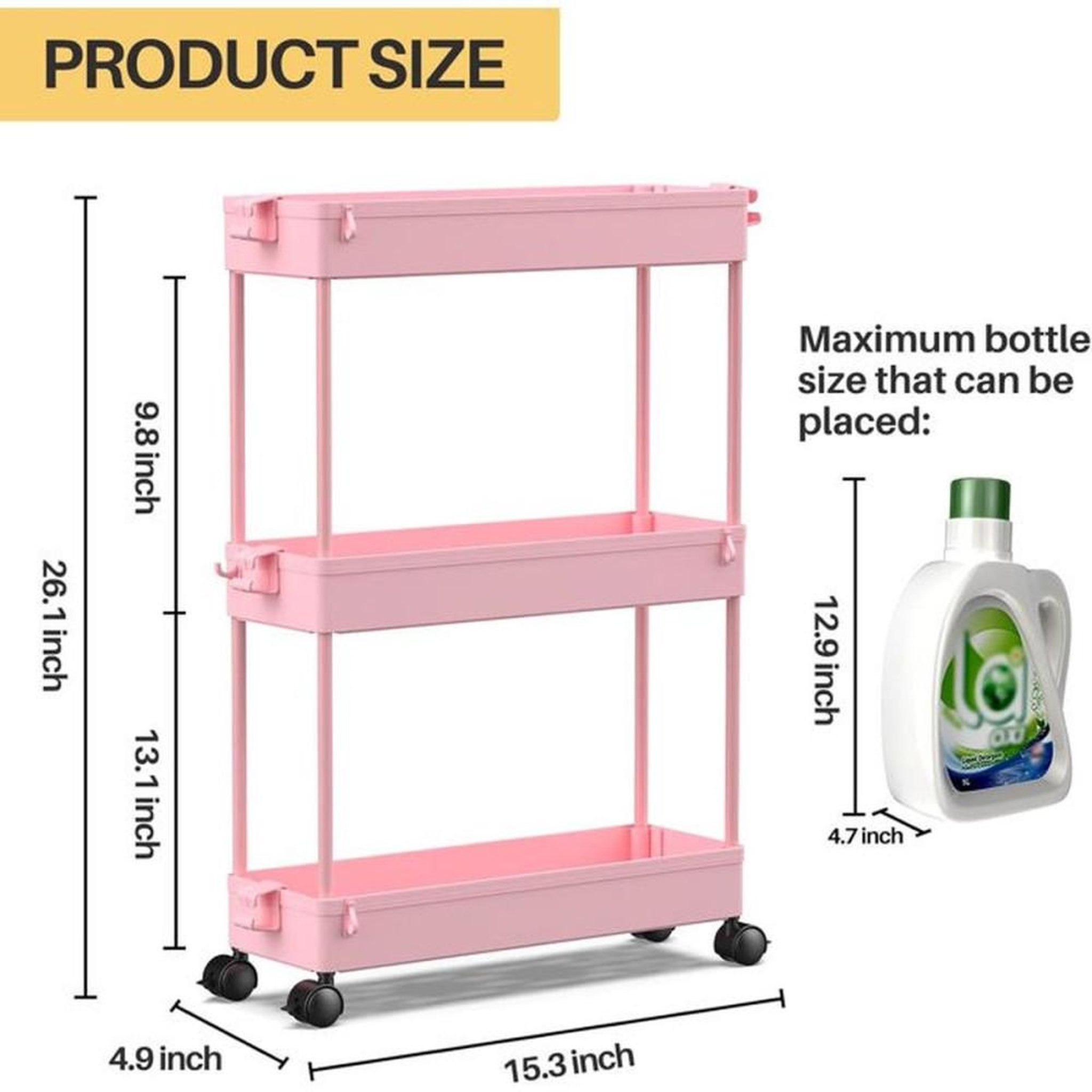 Voir la diapositive 3 : Chariot de rangement rose à 3 niveaux en plastique résine avec roulettes 360° pour cuisine, salle de bain
