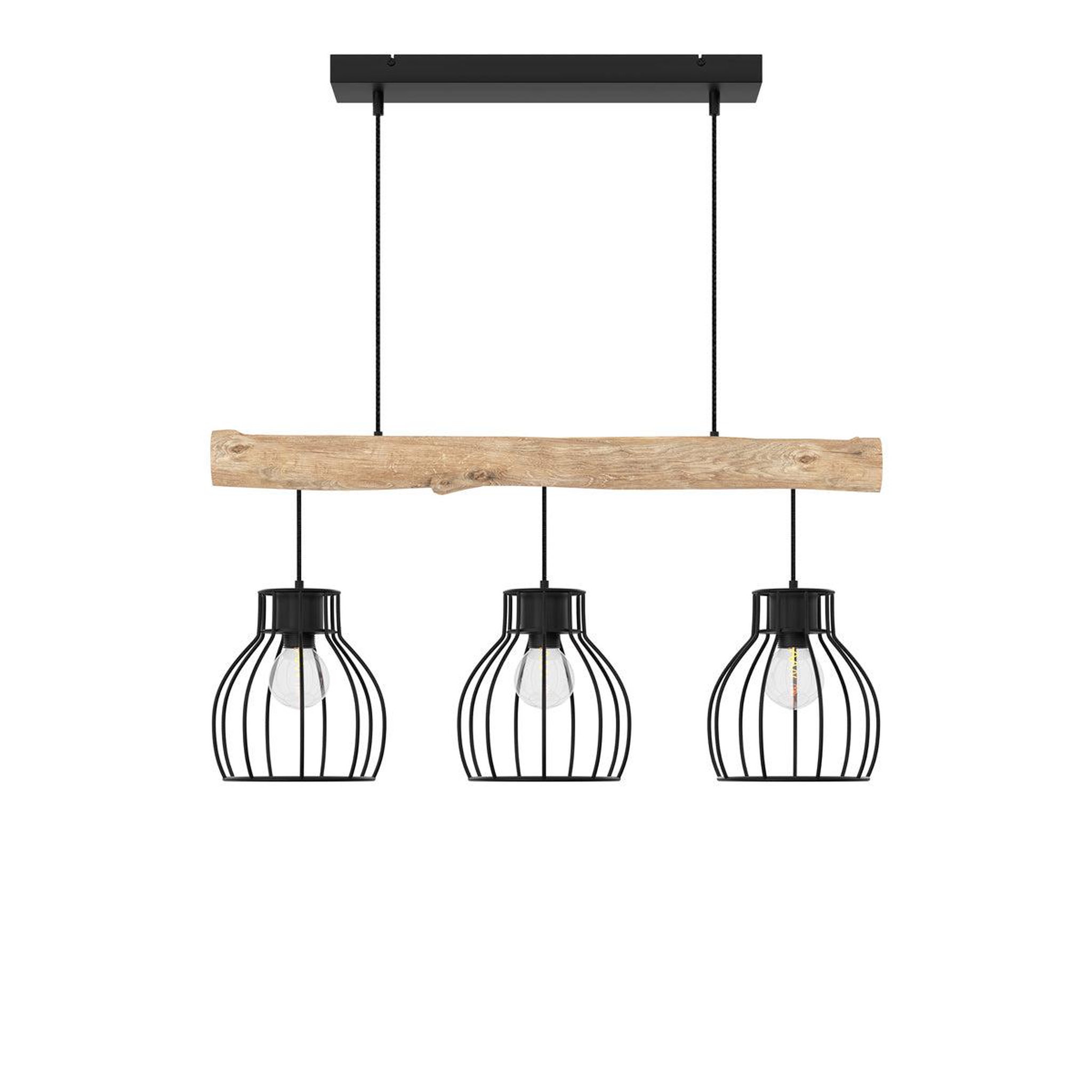 MAISON PAVANE Suspension 3 lampes en bois d'eucalyptus et métal noir-Abby