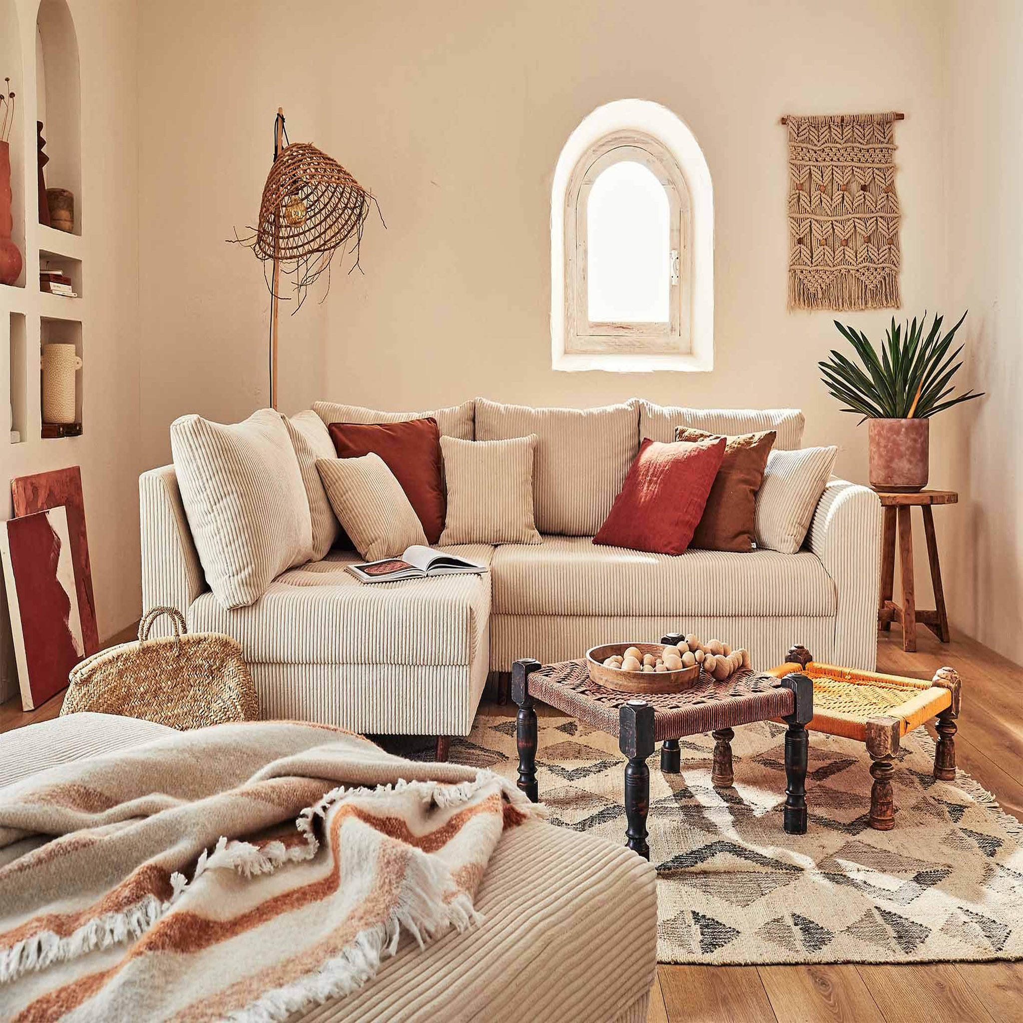 Voir la diapositive 5 : BEST MOBILIER Rune - canapé d'angle gauche - 4 places - avec pouf d'appoint - en velours côtelé