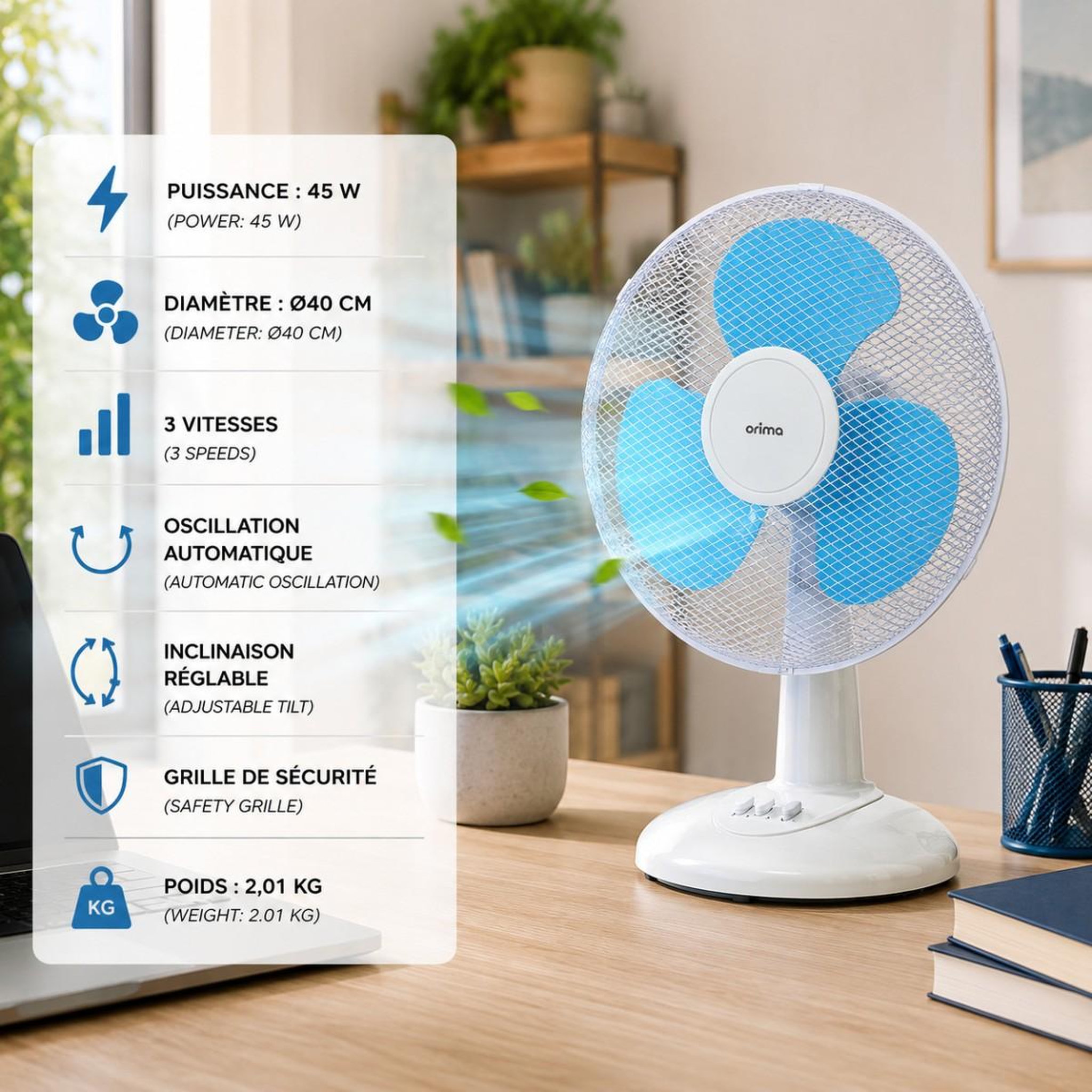 Voir la diapositive 2 : INTEC Ventilateur sur table 45w ø40cm oscillant brasseur d'air 3 vitesses design blanc & bleu