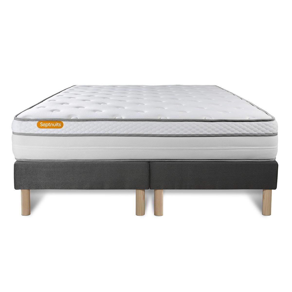SEPTNUITS Matelas + double sommiers gris Memo Luxe Ressorts ensachés + mémoire de forme 5 zones de confort MAXI épaisseur