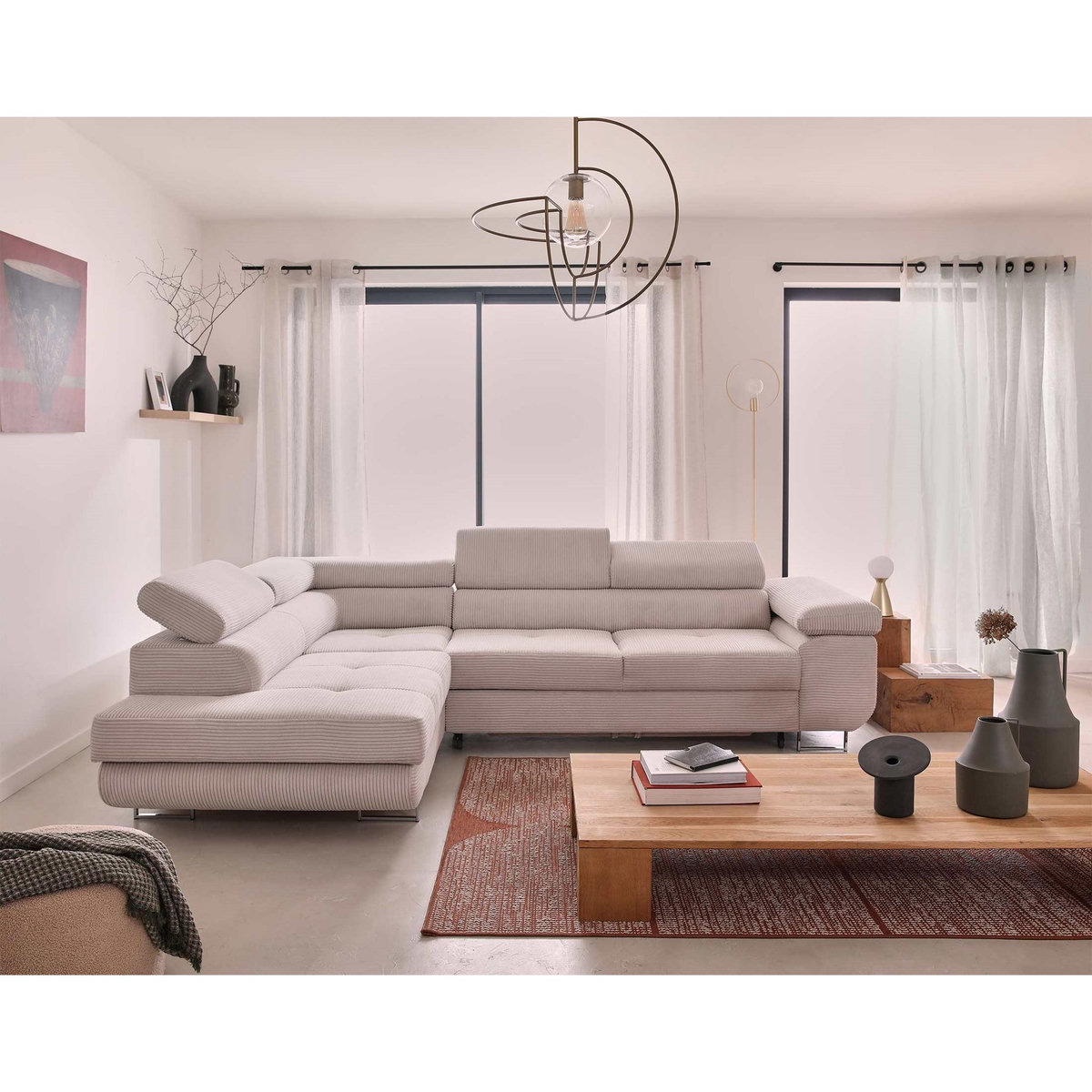 BEST MOBILIER Zaria - canapé d'angle gauche - convertible avec coffre et têtières réglables - 5 places - en velours côtelé