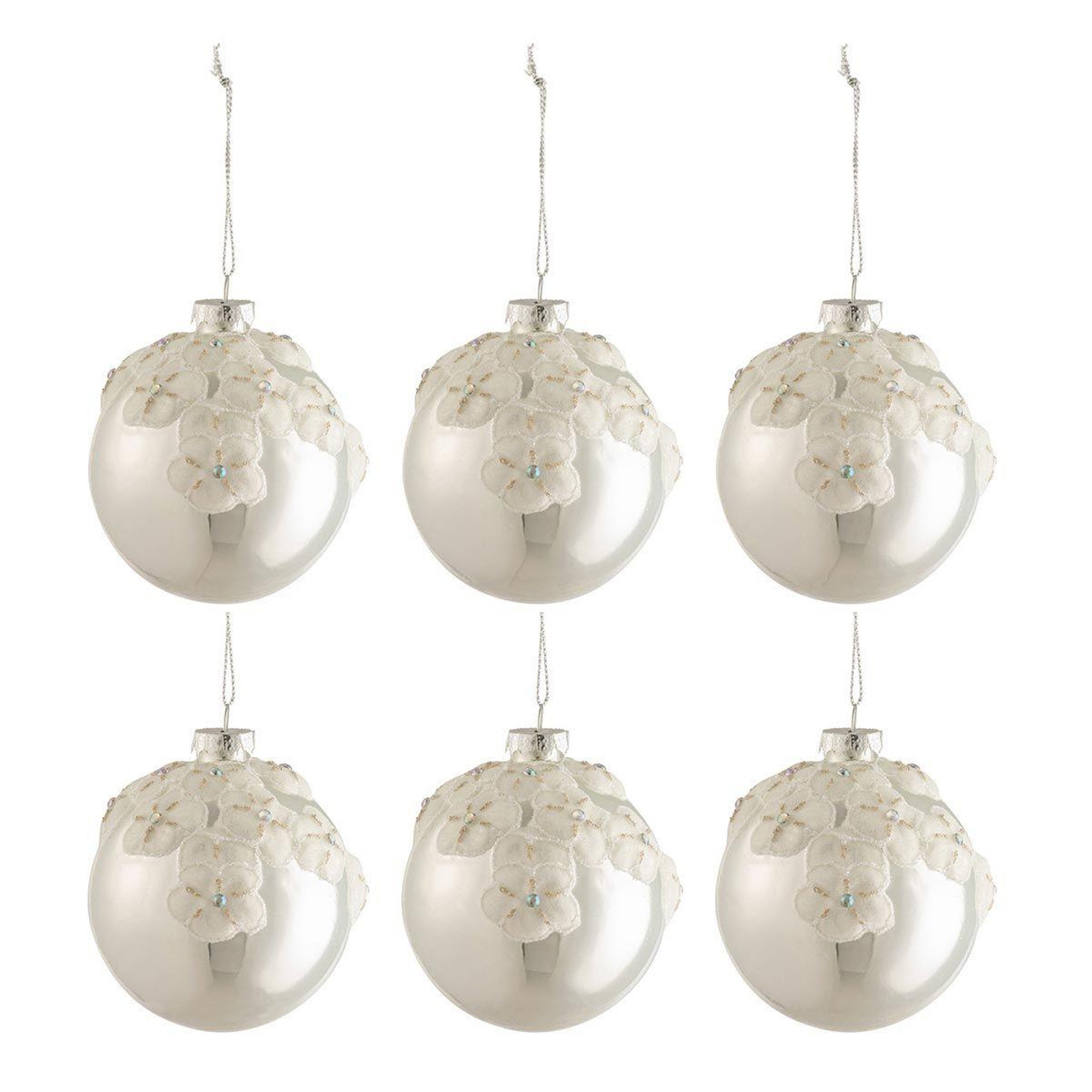 Voir la diapositive 1 : J-LINE Lot de 6 boules de noël  fleurs  8cm argent