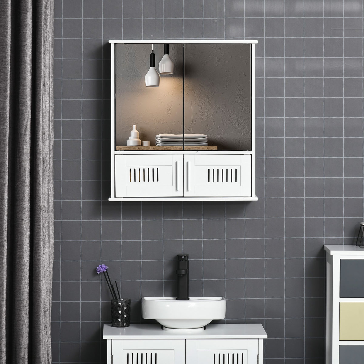 KLEANKIN Armoire murale de salle de bain avec miroir - armoire à glace - placard de rangement toilettes - 4 portes, étagère - verre MDF blanc