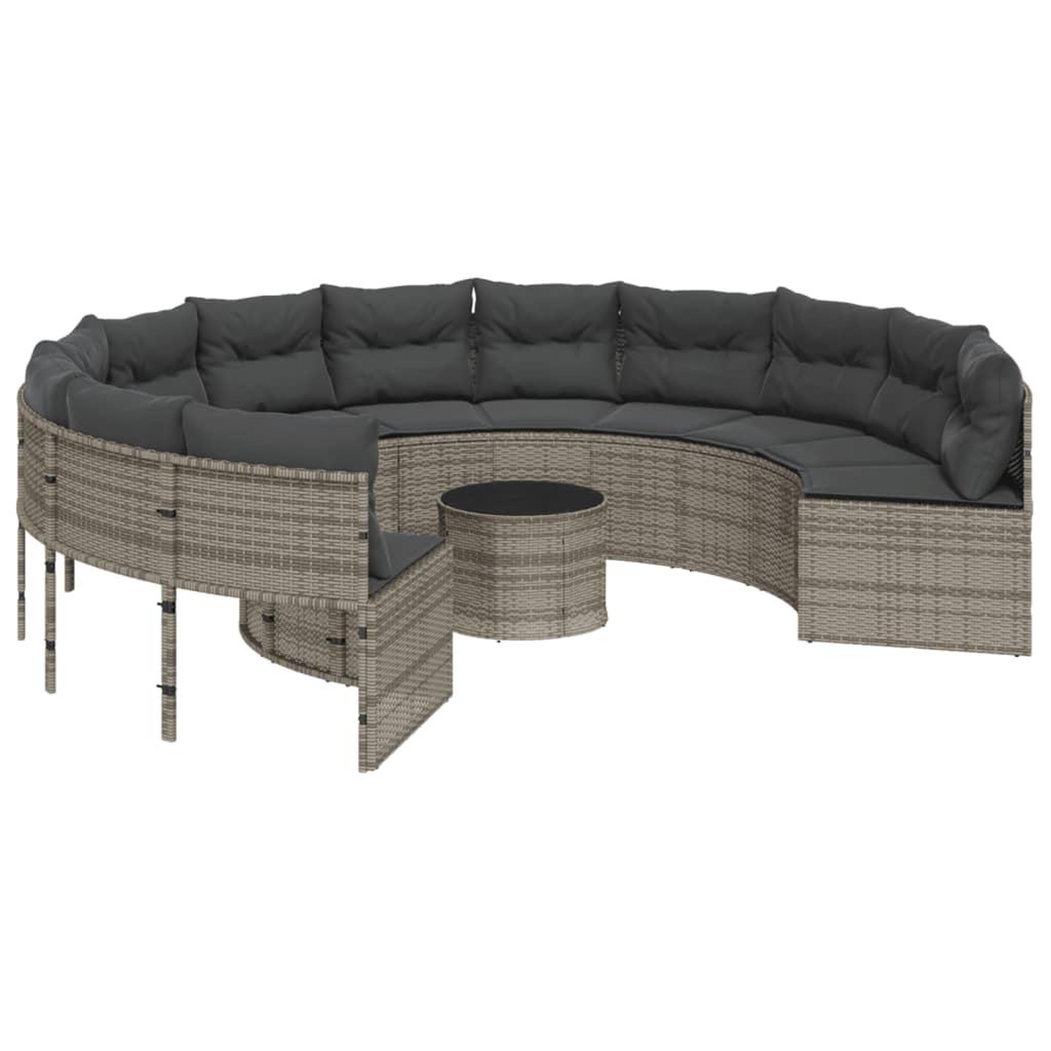 Voir la diapositive 2 : VIDAXL Canape de jardin avec table coussins rond gris resine tressee
