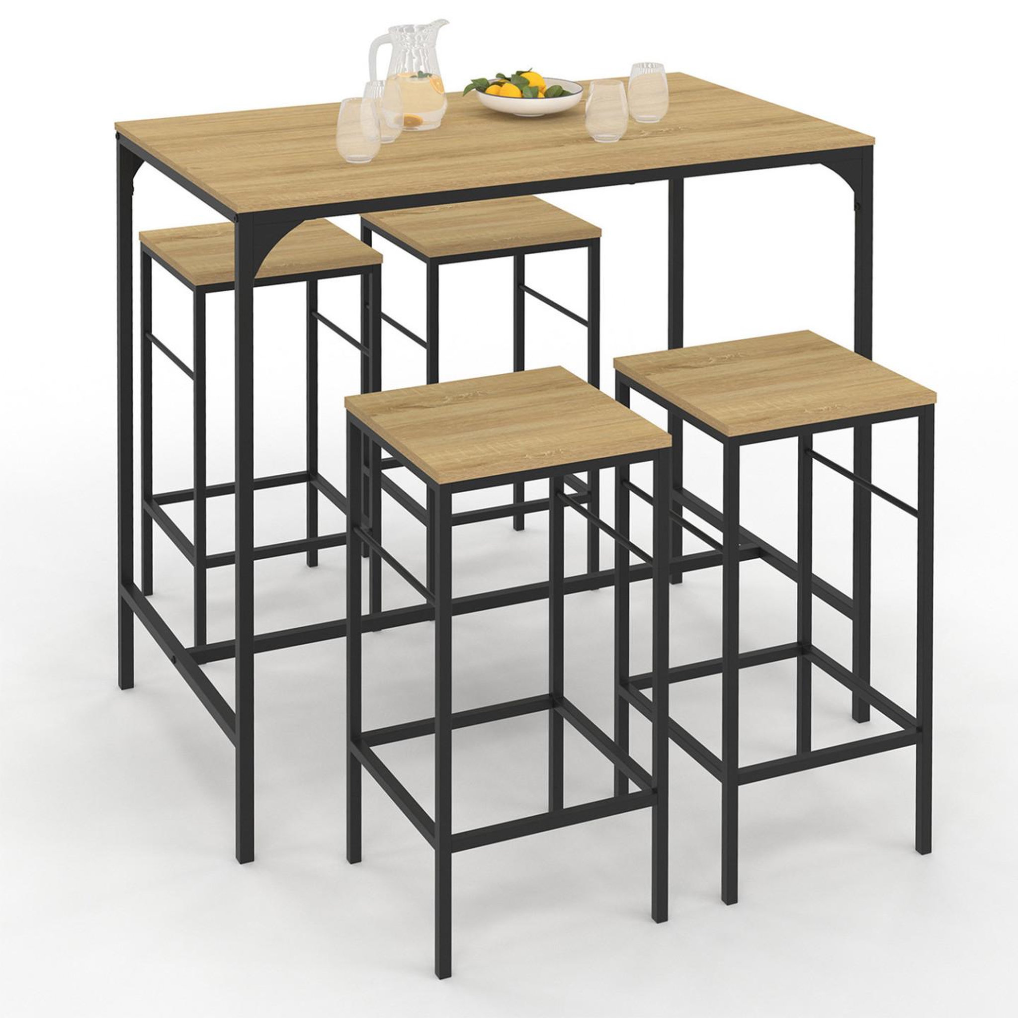 ID MARKET Ensemble table haute de bar DETROIT 100 cm et 4 tabourets bois et métal noir design industriel