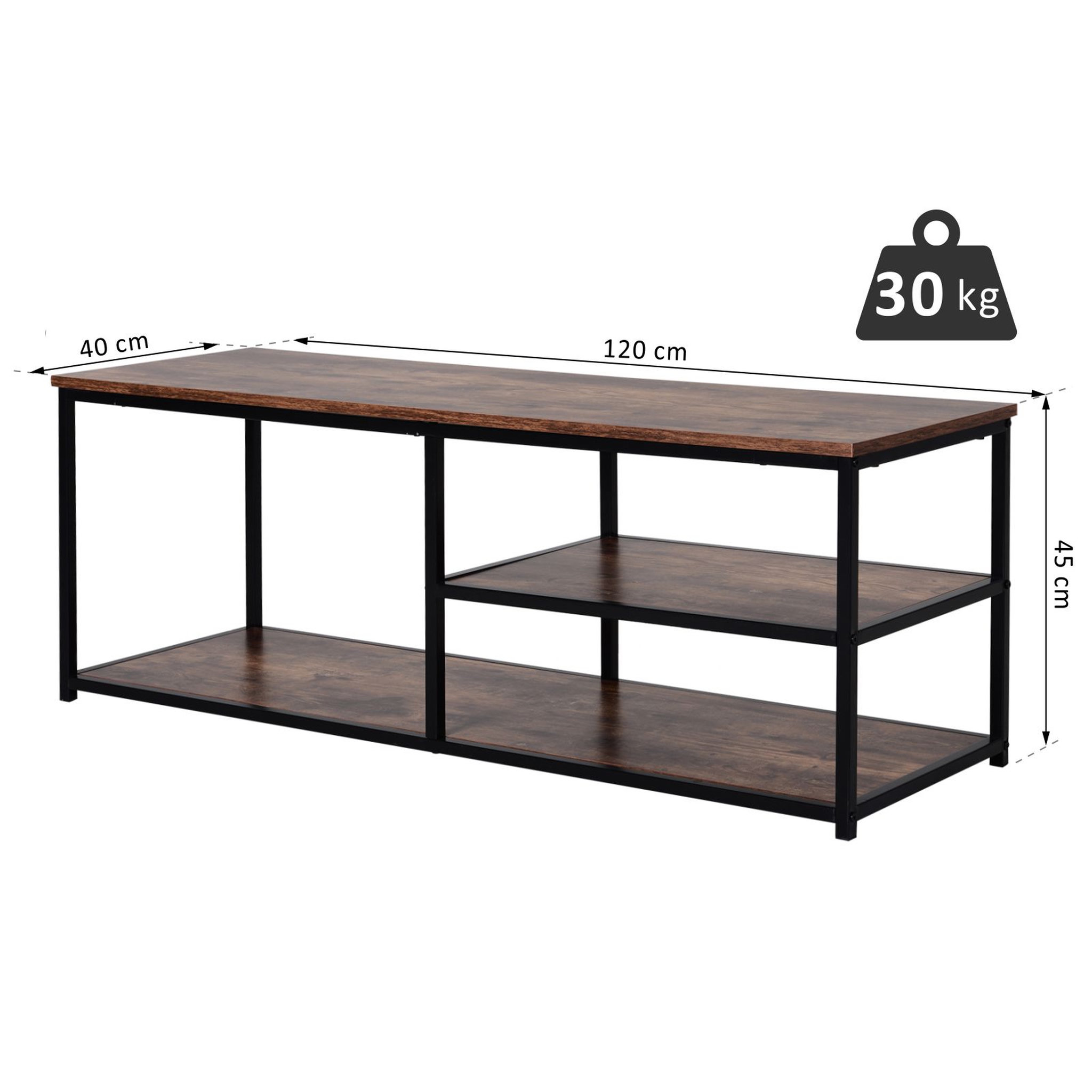 Voir la diapositive 3 : HOMCOM Meuble TV design industriel dim. 120L x 40l x 45H cm grand plateau 2 étagères panneaux particules coloris boisé métal noir