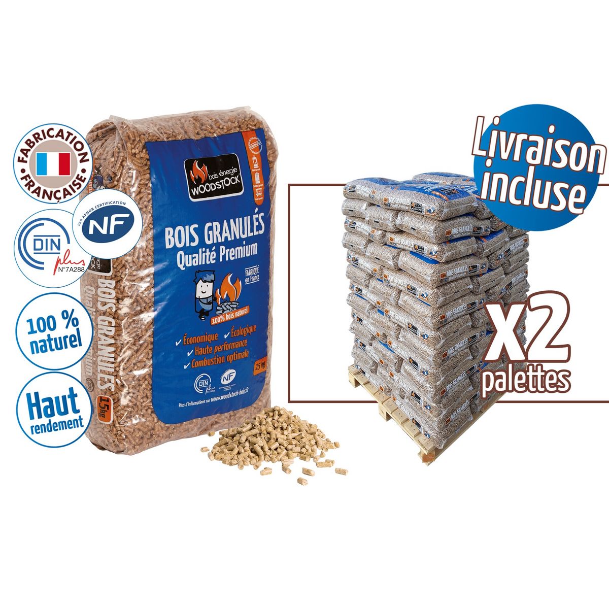 WOODSTOCK Granulés de bois - 2 palettes - 156 sacs de 15 Kg