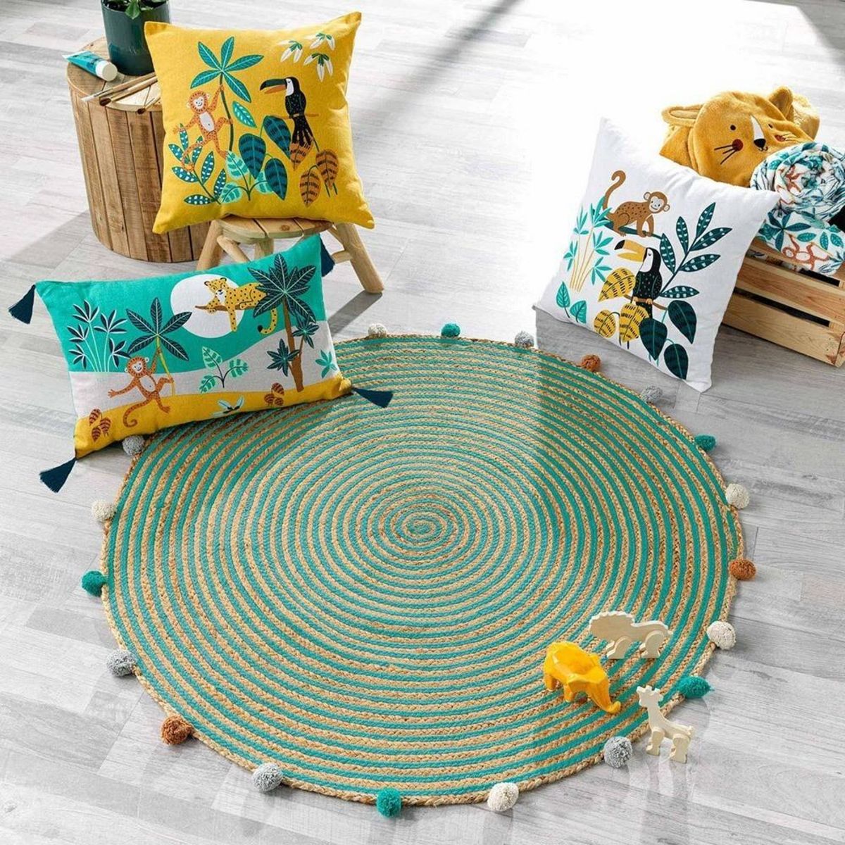 Douceur d'Intérieur Tapis rond pompons 90 cm jute polycoton Baloo