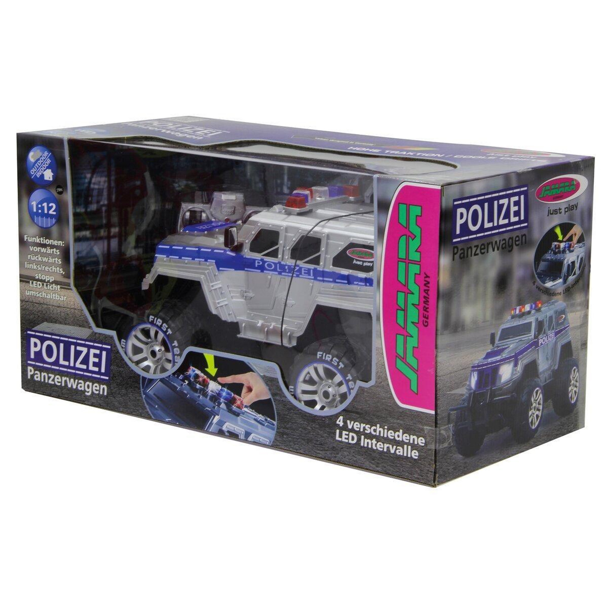 Voir la diapositive 2 : Jamara Police véhicule blindé monstertruck 1:12 27mhz led incl. Batterie  and  chargeur inkl. Akku  and  ladegerät