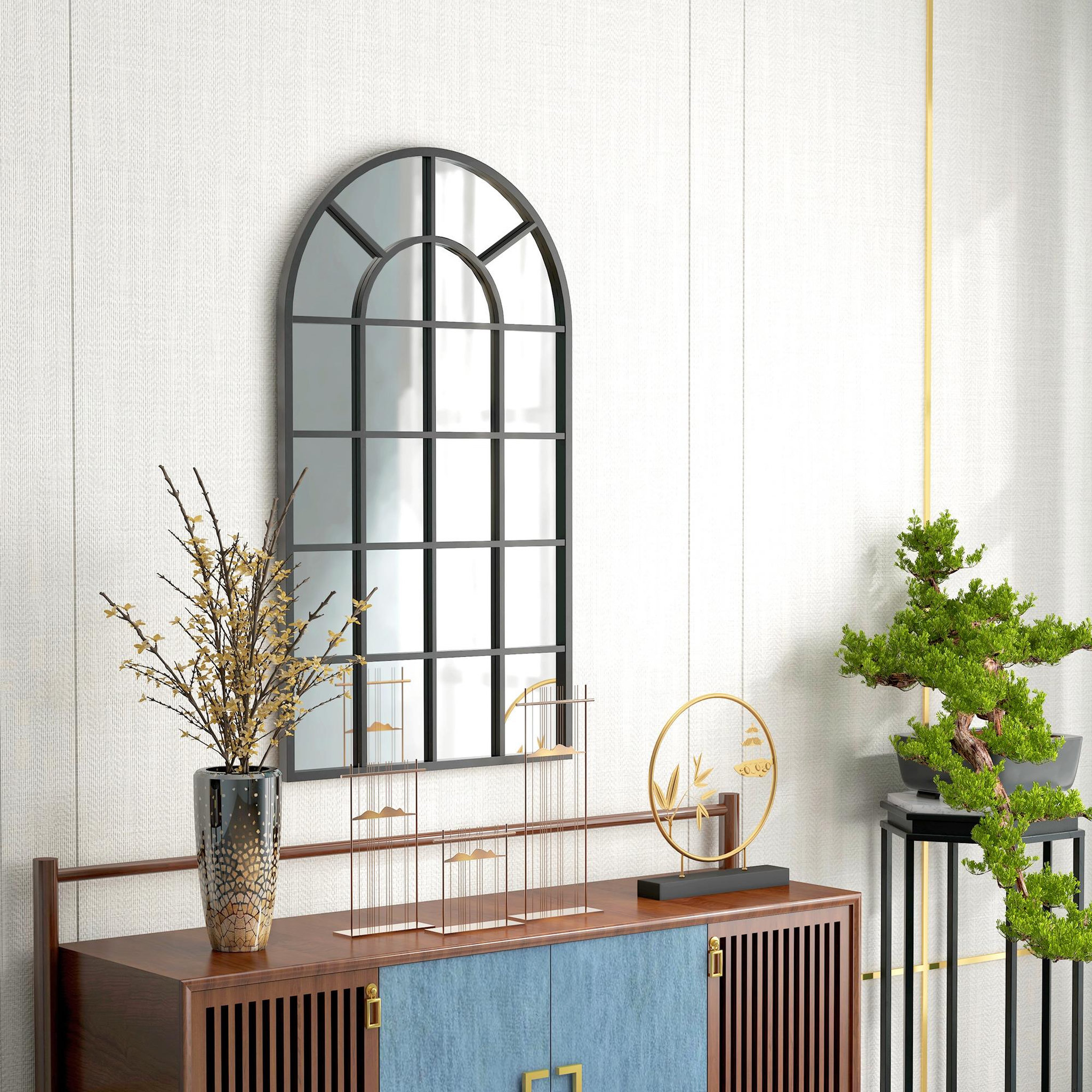 Voir la diapositive 4 : HOMCOM Miroir mural aspect verrière style classique chic - dim. 62L x 110H cm - métal noir verre 3 mm