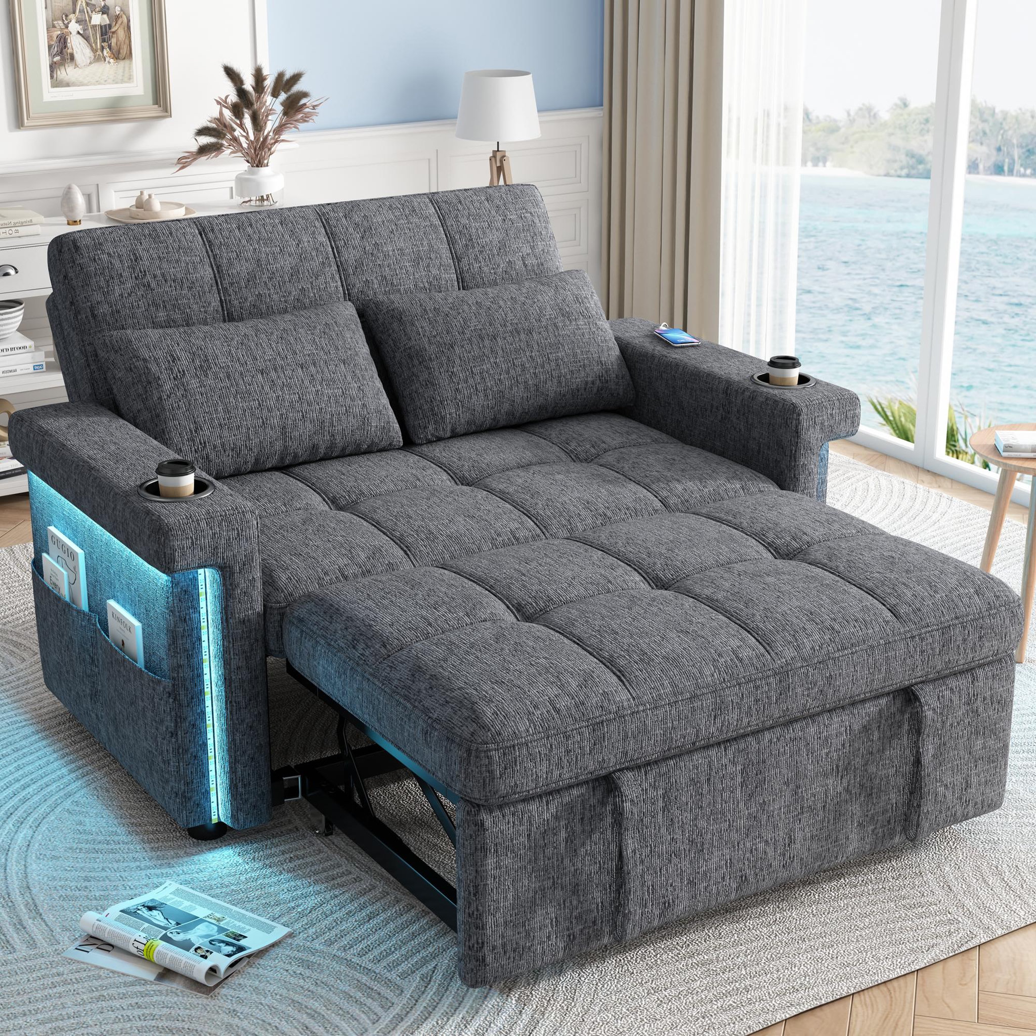 Voir la diapositive 2 : MERAX Canapé convertible 2 places avec dossier réglable et ports usb type-c tissu chenille