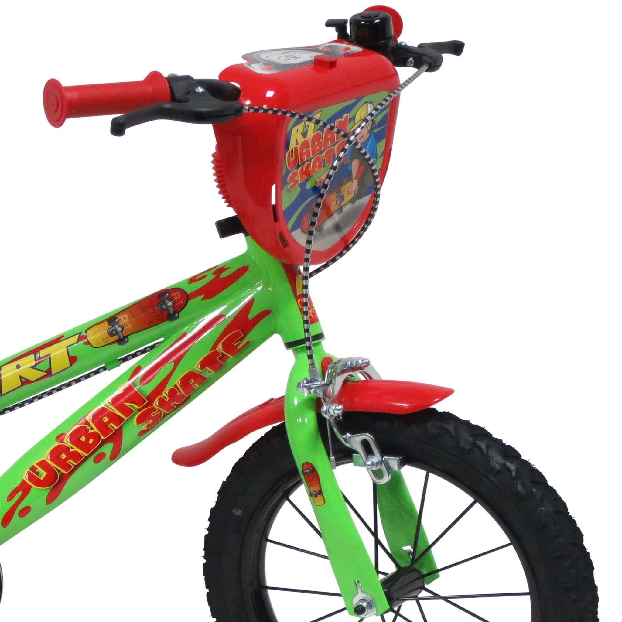 Voir la diapositive 4 : Vélo enfant 14'' - Modèle Urban Skate pour enfant de 95 à 110 cm avec stabilisateurs - Plaque décorative avant - Porte bidon & Bidon - 2 freins & Roues gonflables