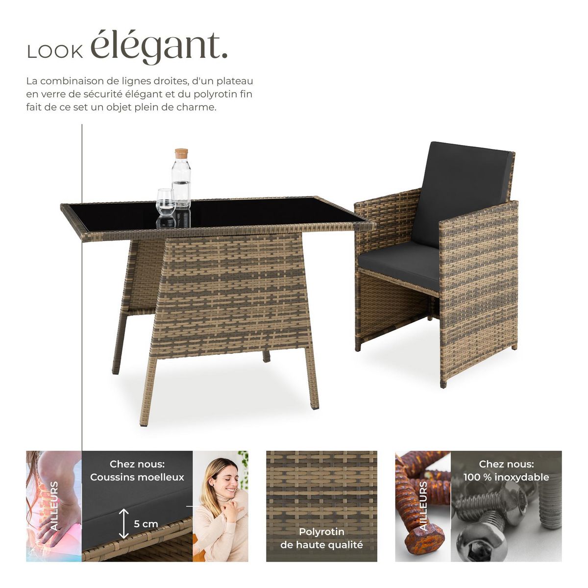 tectake Salon de jardin pour 2 personnes marron naturel