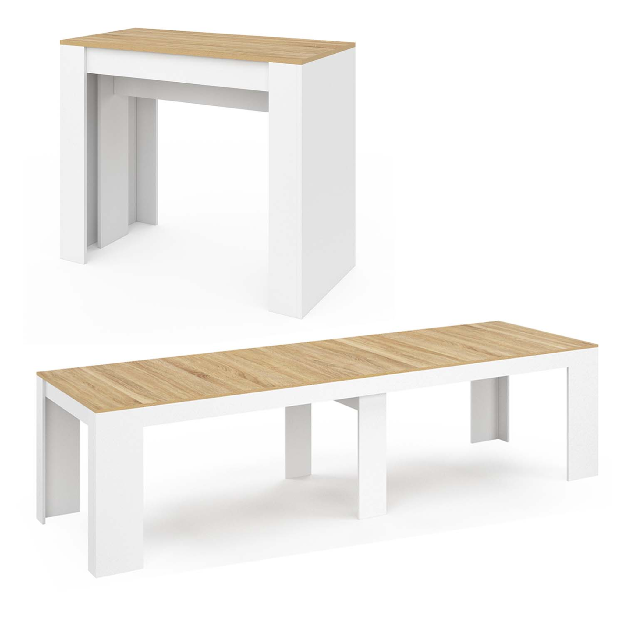 ID MARKET Table console extensible orlando 14 personnes 300 cm blanc et façon hêtre