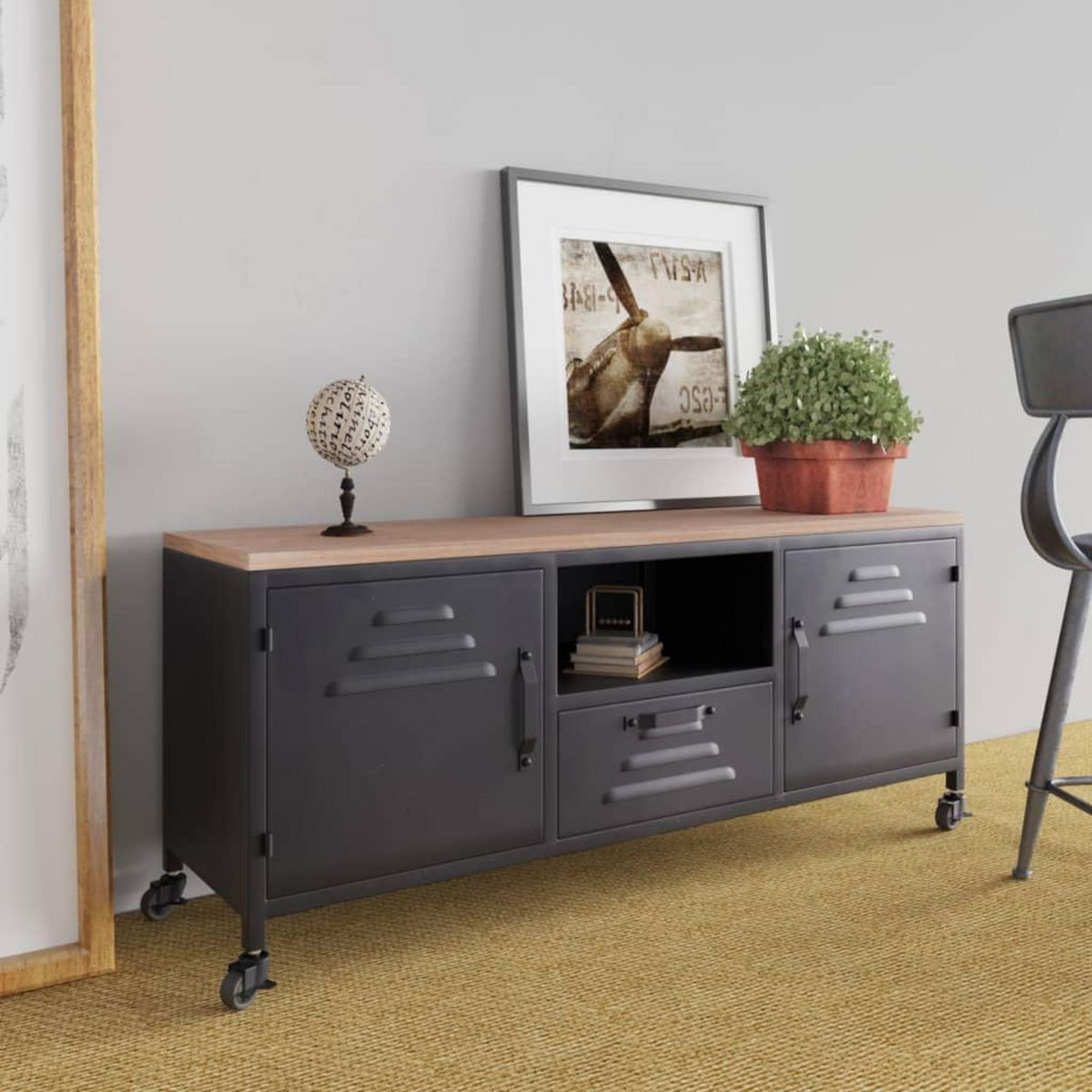 VIDAXL Meuble TV Noir 110x30x43 cm Fer et bois de pin massif