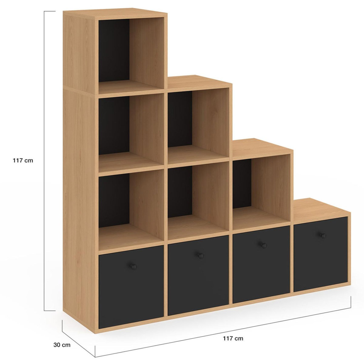 ID MARKET Meuble de rangement en escalier LORYS 4 niveaux bois et noir avec 4 tiroirs en tissu