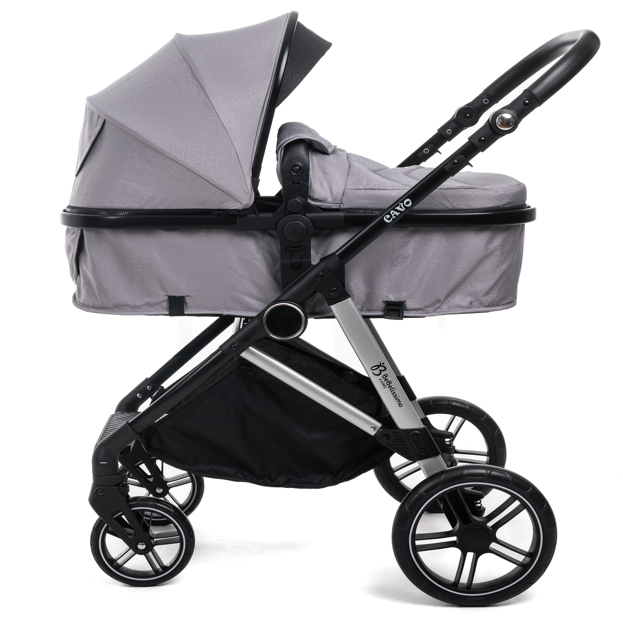 Voir la diapositive 2 : BEBELISSIMO Poussette combinée trio 3 en 1 - siège auto 0+ CAVO – nacelle – dès la naissance – jusqu'à 22kg - gris