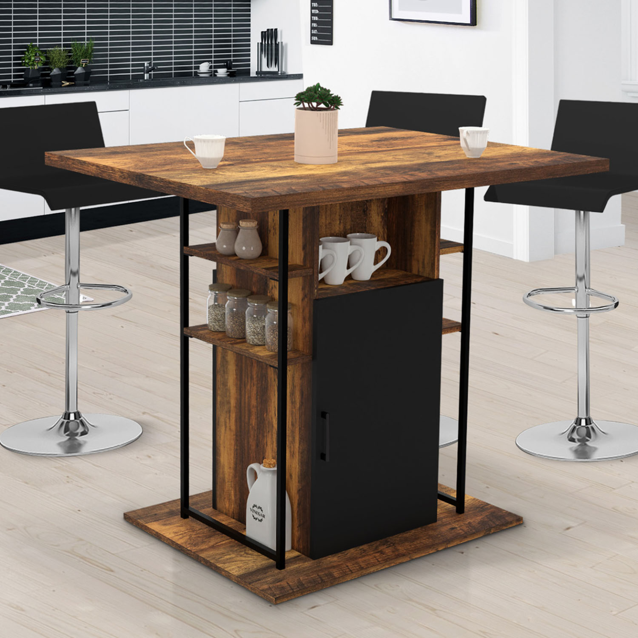 Voir la diapositive 2 : ID MARKET Ilot central ugo 110 cm bois noir et effet bois foncé hawkins avec rangements design industriel