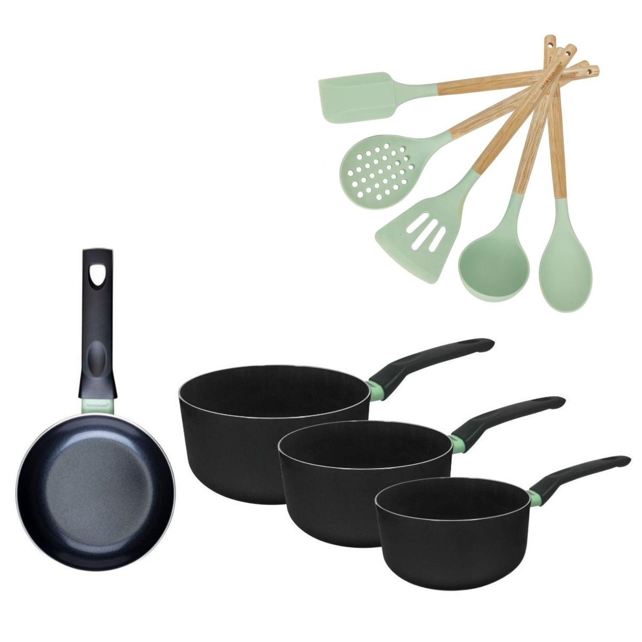 Fackelmann Batterie de cuisine avec 1 poêle 16 cm et 3 casseroles 16/18/20 cm avec 5 ustensiles de cuisine fackelmann brandao océan