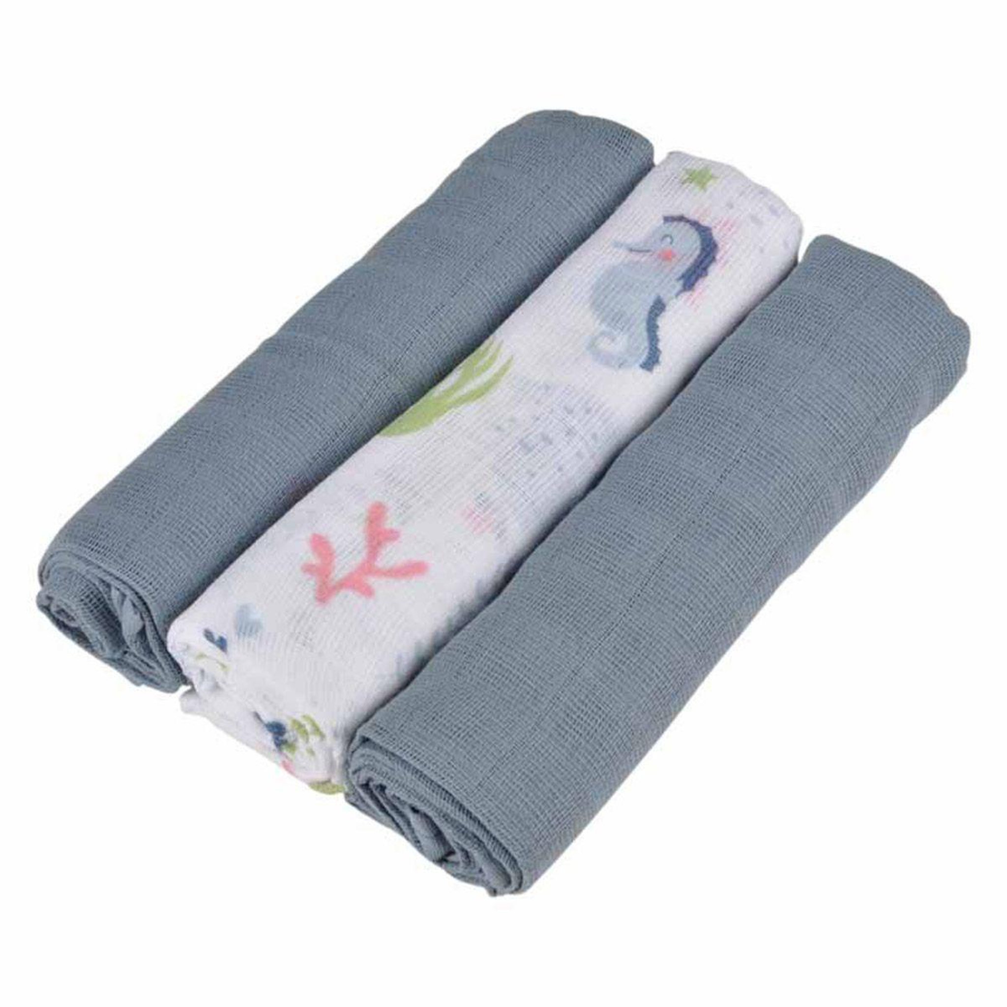 Voir la diapositive 1 : BEBE DOUCEUR Lot de 3 langes en coton  océan  70cm bleu