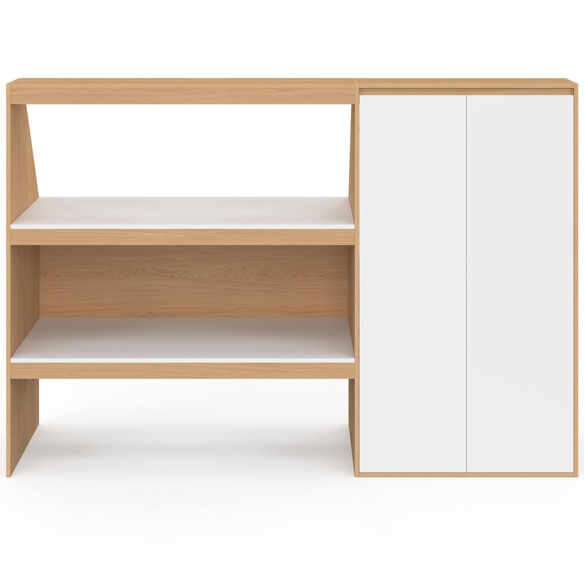 ID MARKET Ensemble étagère 2 niveaux + armoire 2 portes sous pente TOMI hêtre et blanc