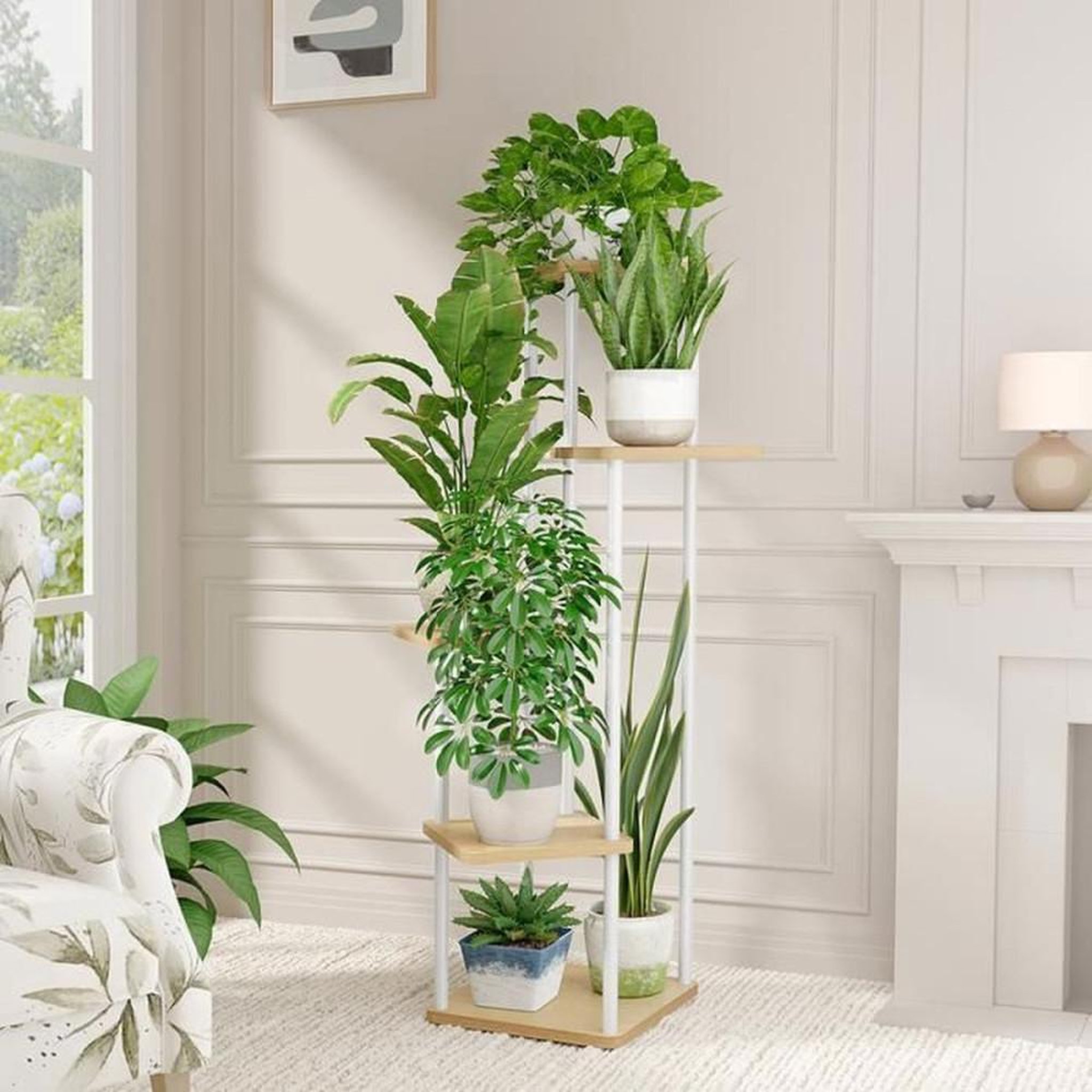 Voir la diapositive 2 : Présentoir à plantes 5 niveaux blanc en métal et bois, étagère d'intérieur pour jusqu'à 5 pots