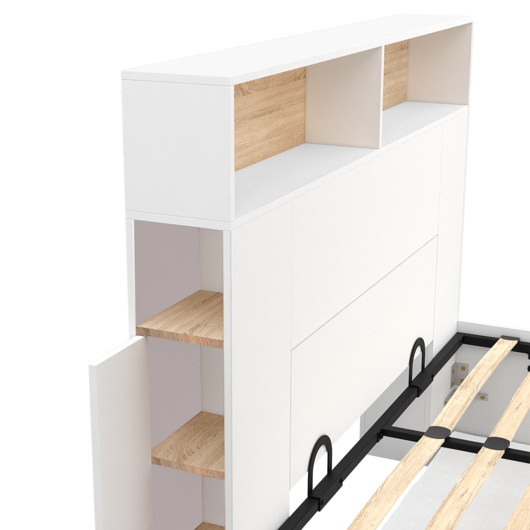 Voir la diapositive 6 : ID MARKET Lit coffre double clyde avec tête de lit + rangements et sommier 140 x 190 cm blanc et façon hêtre