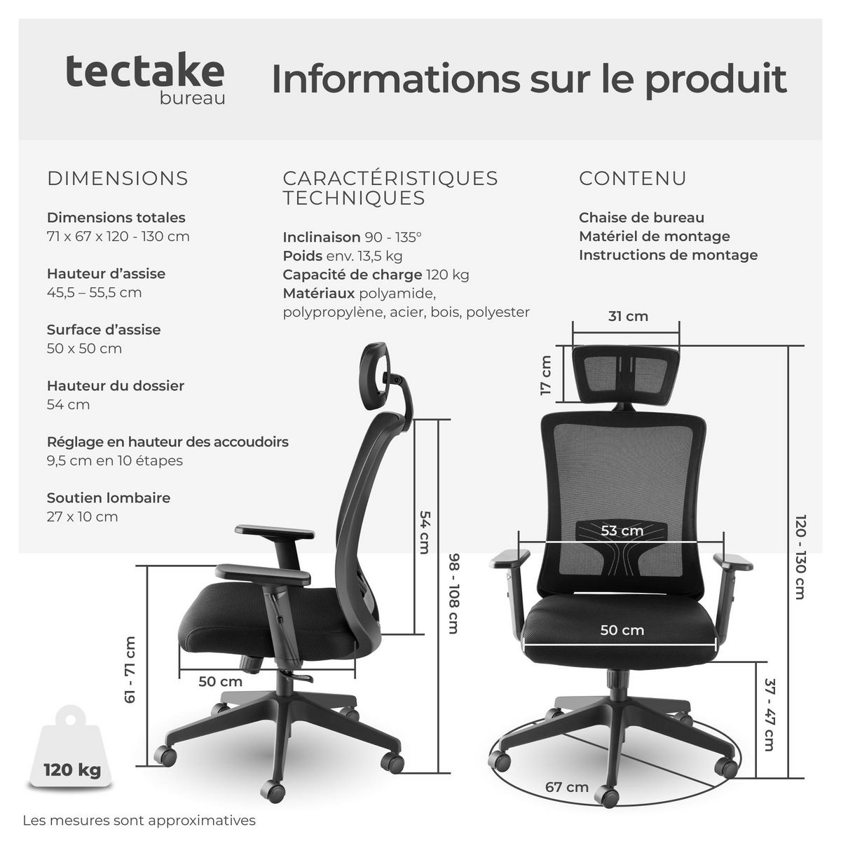 tectake Fauteuil de bureau forme ergonomique avec soutien lombaire et appuie-tête réglables noir