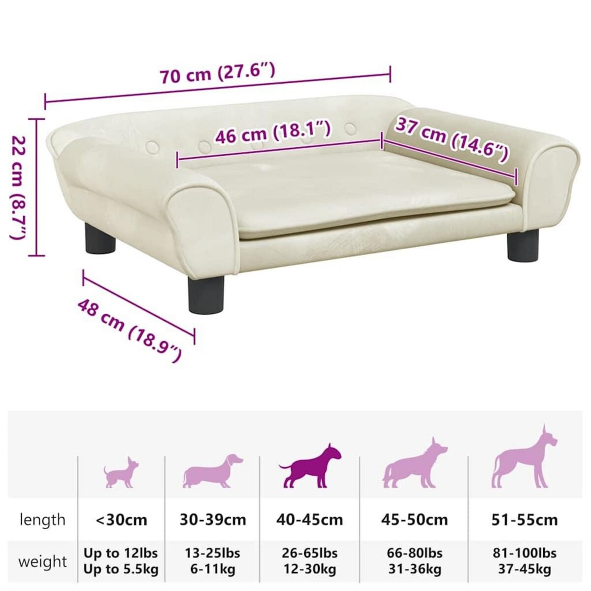 VIDAXL Lit pour chien creme 70x48x22 cm velours