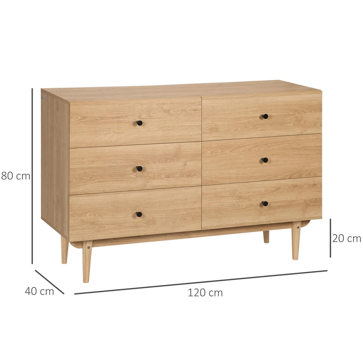 HOMCOM Commode vintage 6 tiroirs coulissants piètement bois de pin panneaux aspect bois de teck