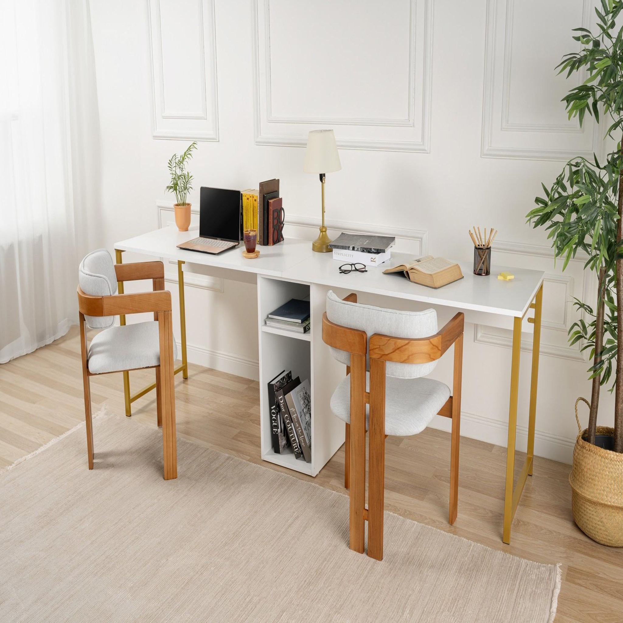 Voir la diapositive 3 : Habitat et Jardin Bureau en bois  twin study desk  - 240 x 60 x 74 cm - or blanc