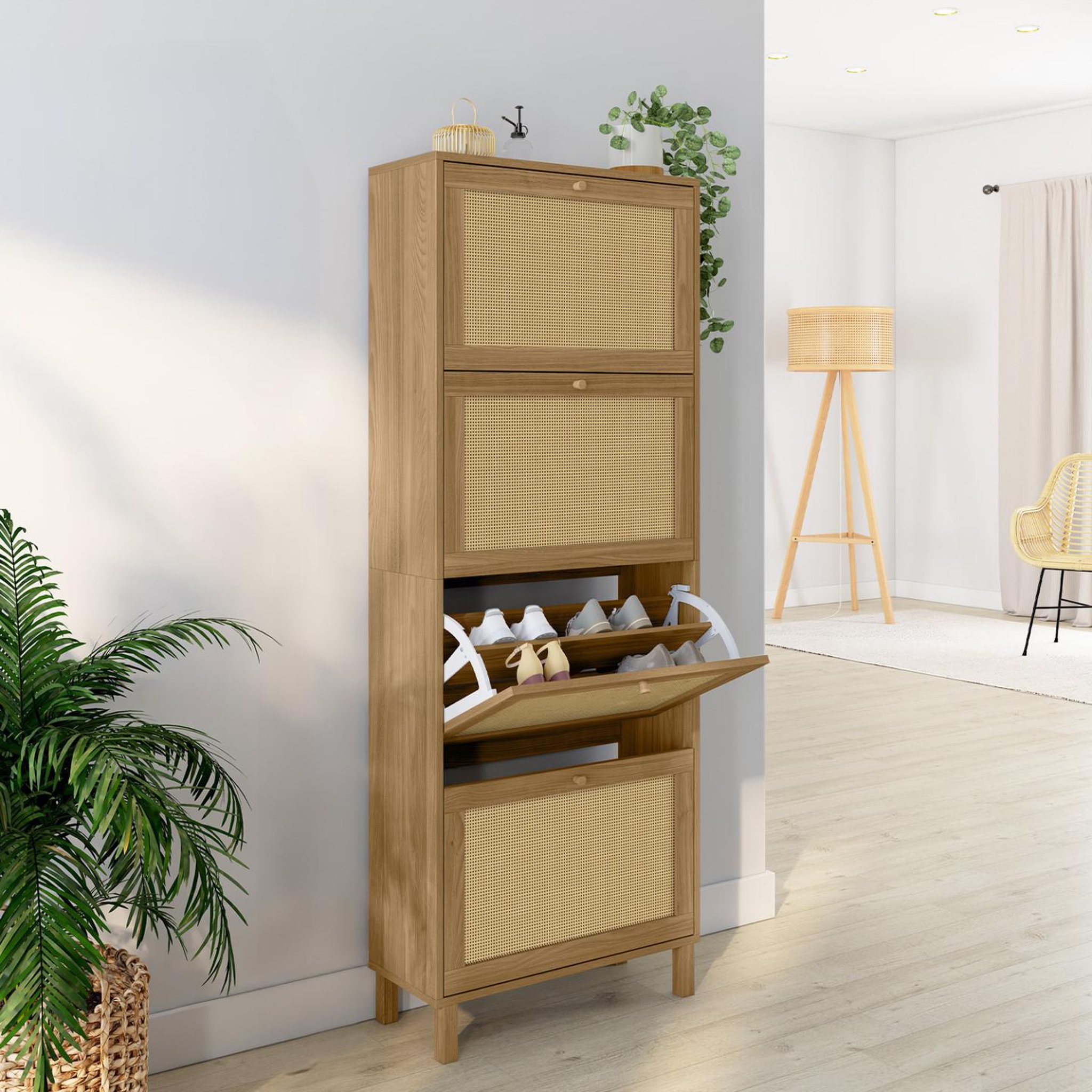 Voir la diapositive 2 : ID MARKET Meuble à chaussures 24 paires hanae 4 portes effet naturel cannage