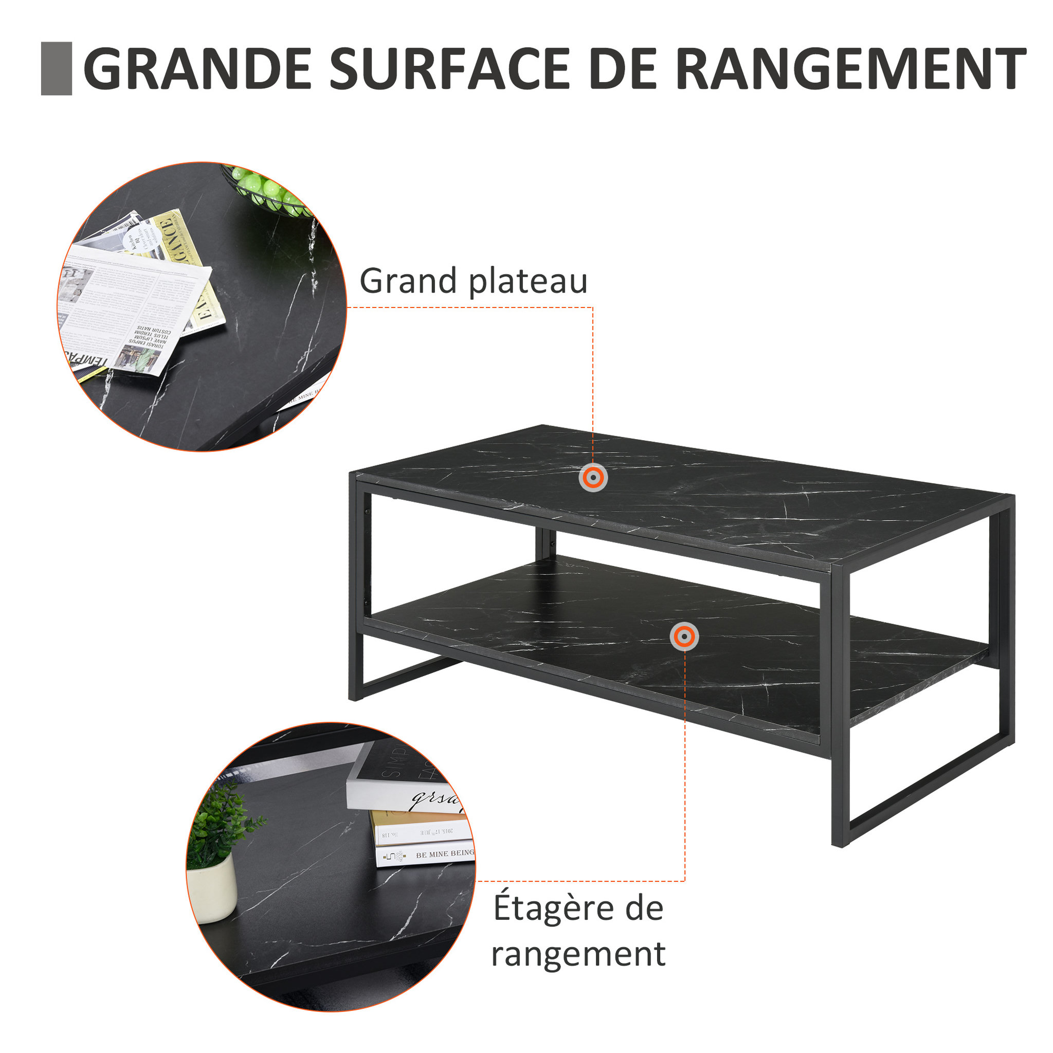 Voir la diapositive 5 : HOMCOM Table Basse Style Moderne avec 2 Étagères 106 x 50 x 47 cm Noir