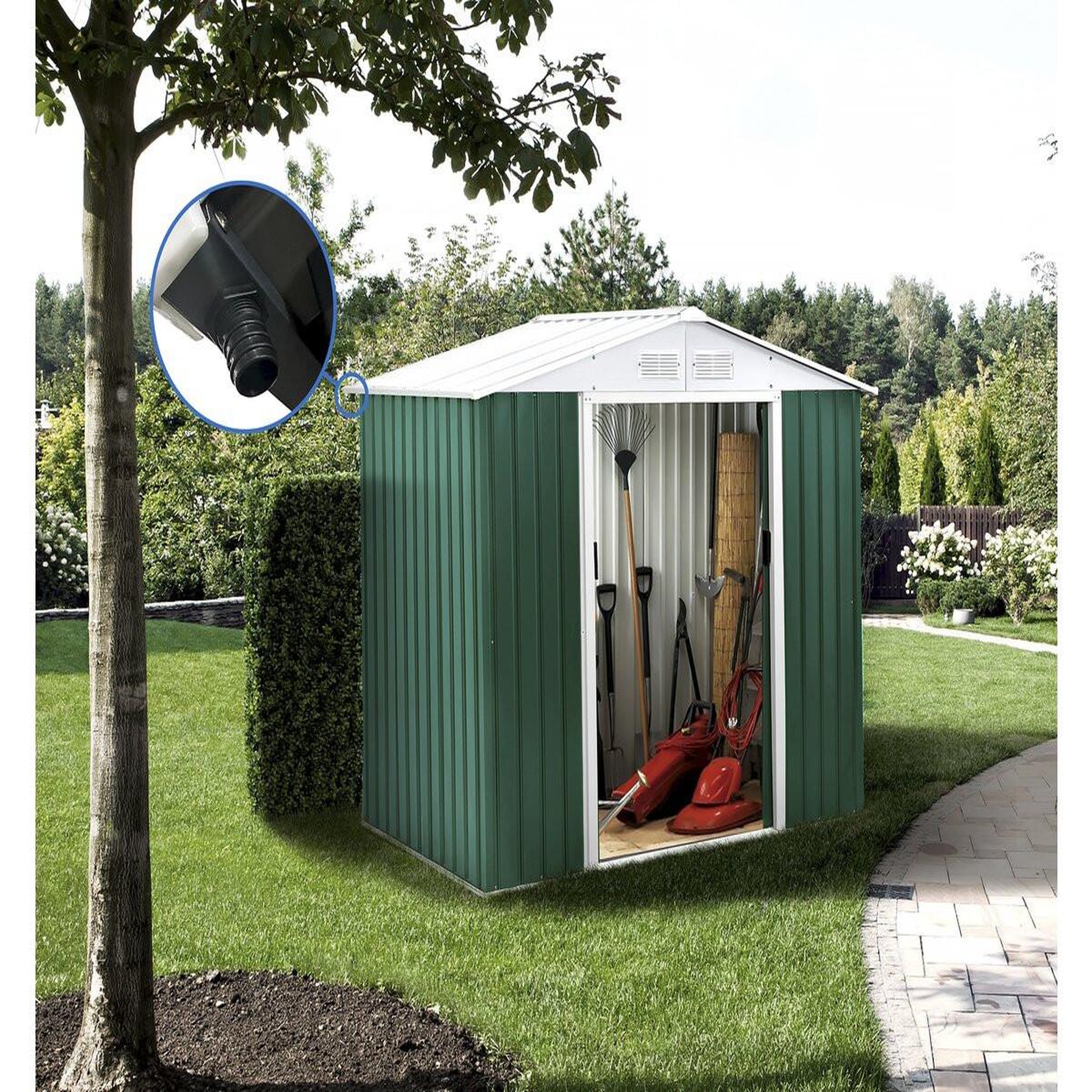 Voir la diapositive 2 : Habitat et Jardin Abri de jardin métal -  rosas  - 4,07 m² avec gouttière - vert