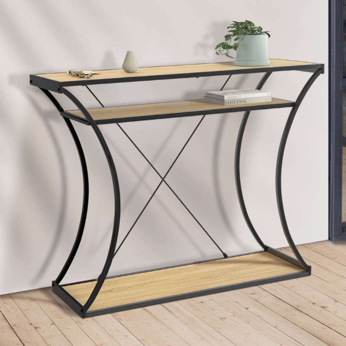 ID MARKET Console pieds courbés DETROIT avec double étagères design industriel