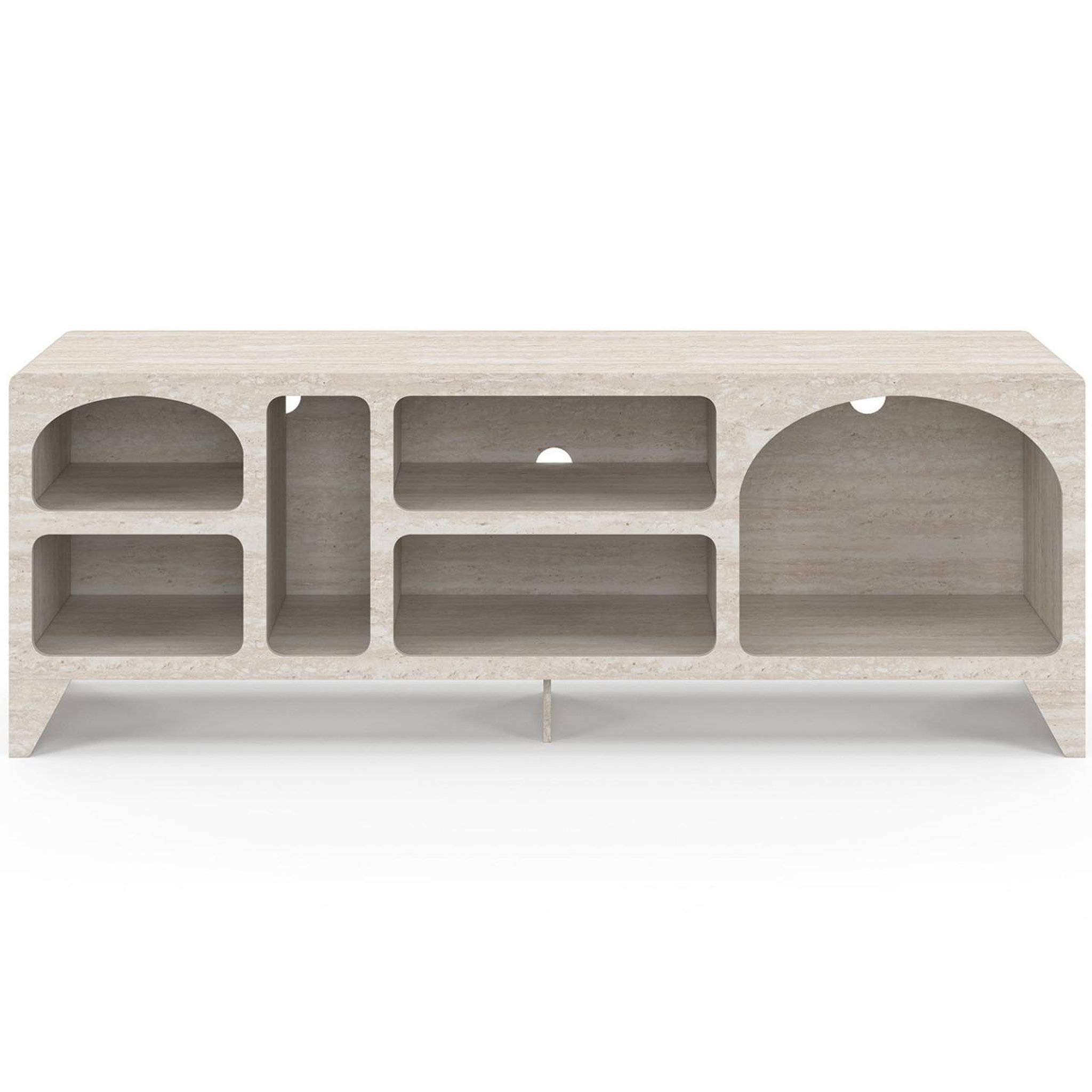 Voir la diapositive 3 : ID MARKET Meuble TV 140 cm organique ALESIA 6 niches bois effet travertin