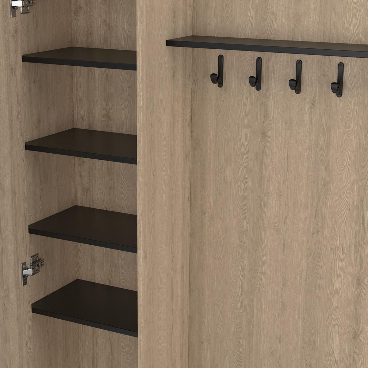 ID MARKET Vestiaire d'entrée rangement chaussures avec miroir et étagères MAHAUT 1 porte effet bois et noir