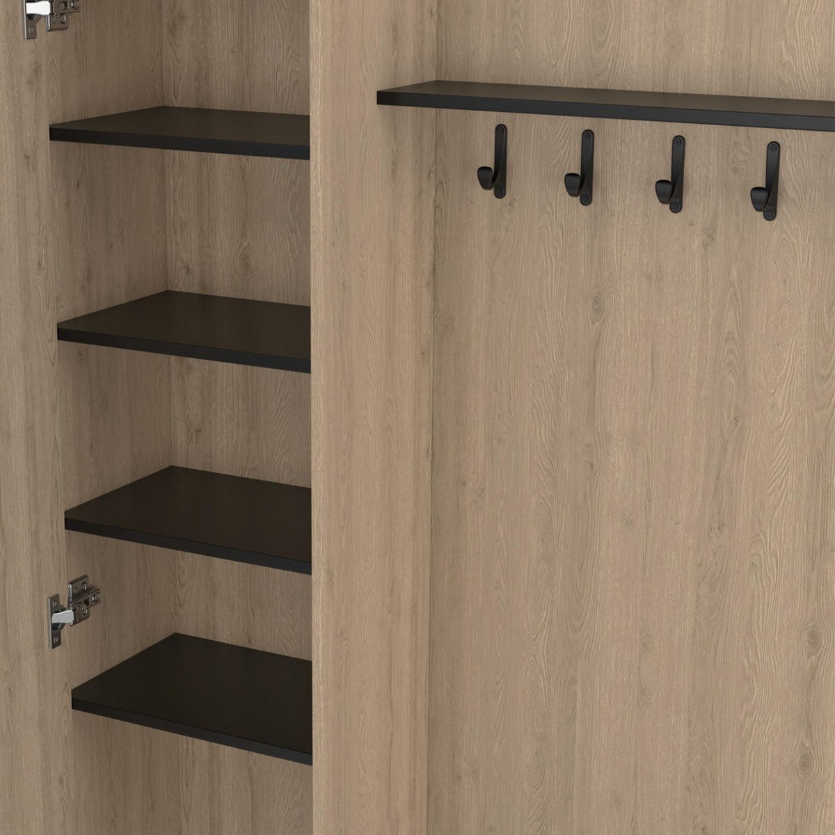 ID MARKET Vestiaire d'entrée rangement chaussures avec miroir et étagères MAHAUT 1 porte effet bois et noir