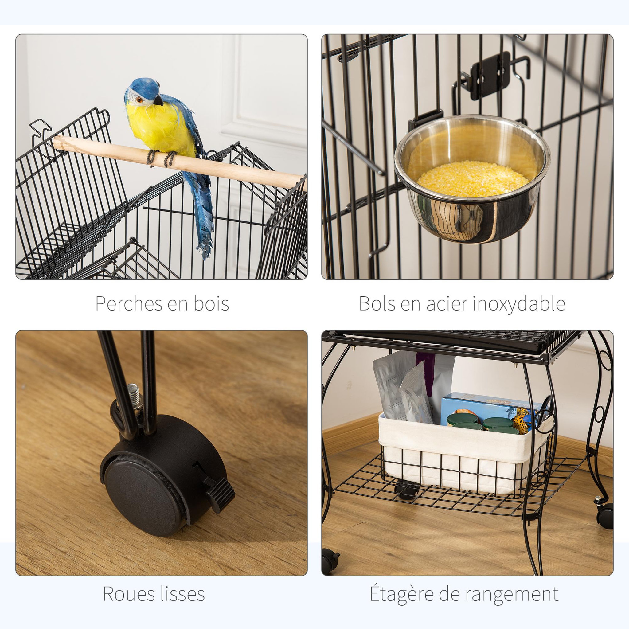Voir la diapositive 5 : PAWHUT Cage à oiseaux sur pied volière avec 2 mangeoires perchoirs plateau amovible poignée et roulettes - 50 x 58 x 137-145 cm noir