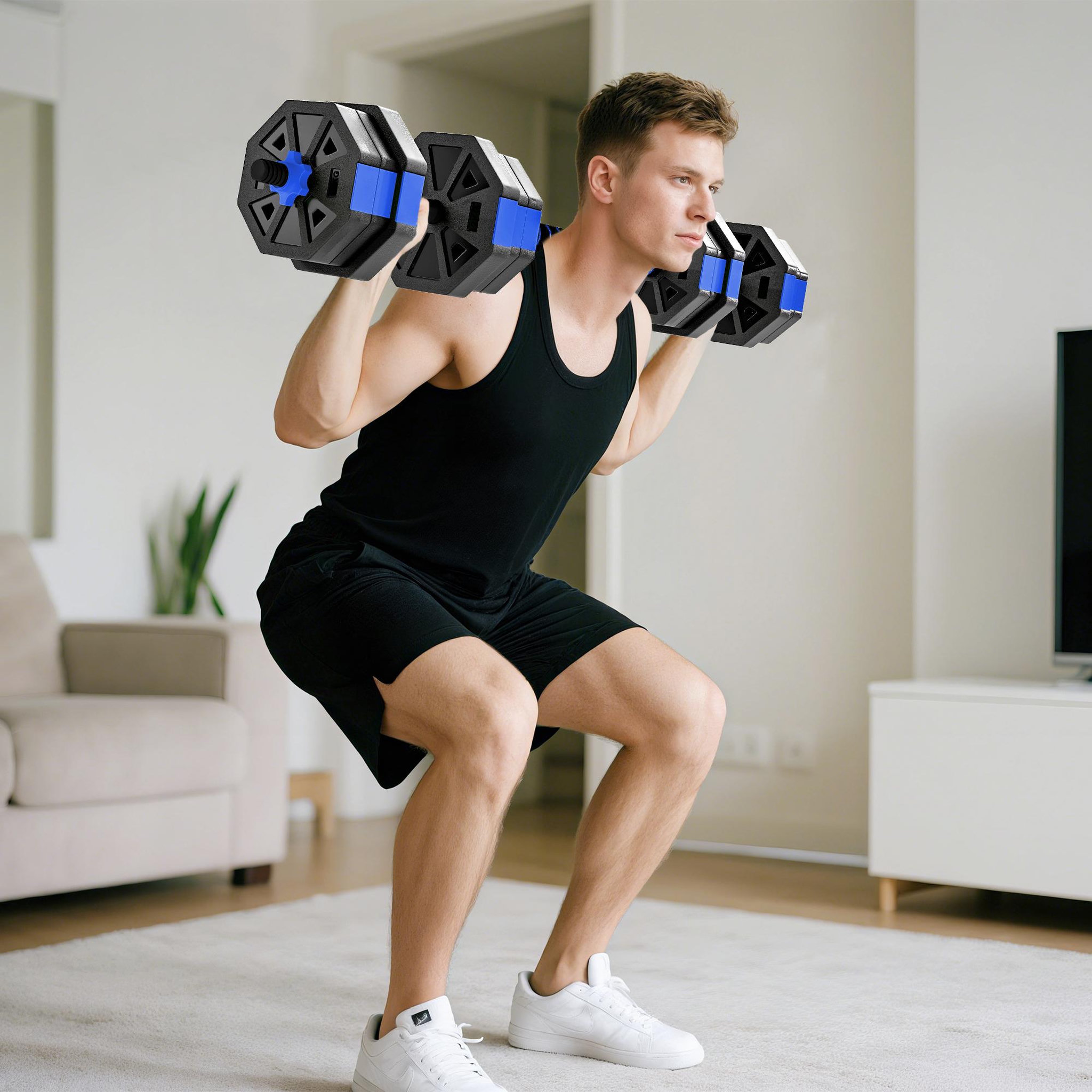 Voir la diapositive 6 : HOMCOM Ensemble d'haltères musculation multifonction 4 en 1 - haltères, kettlebell, push-up support, olympic barre - total 20kg - pvc bleu noir
